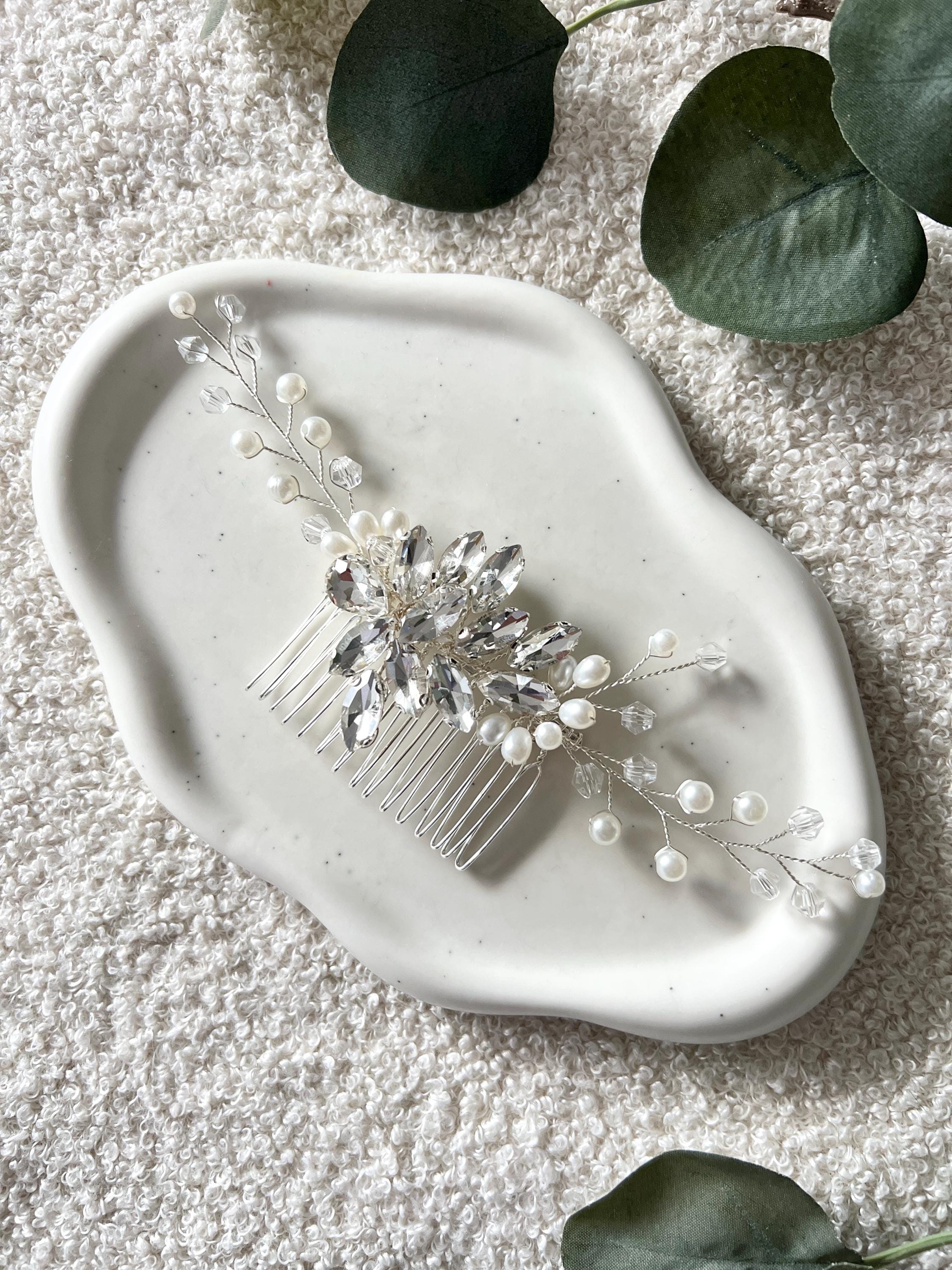 Haarkamm, Silber, weiße Perlen, glänzende Strass Steine, Brautschmuck, Haarschmuck Standesamt, Braut, Brautfrisur