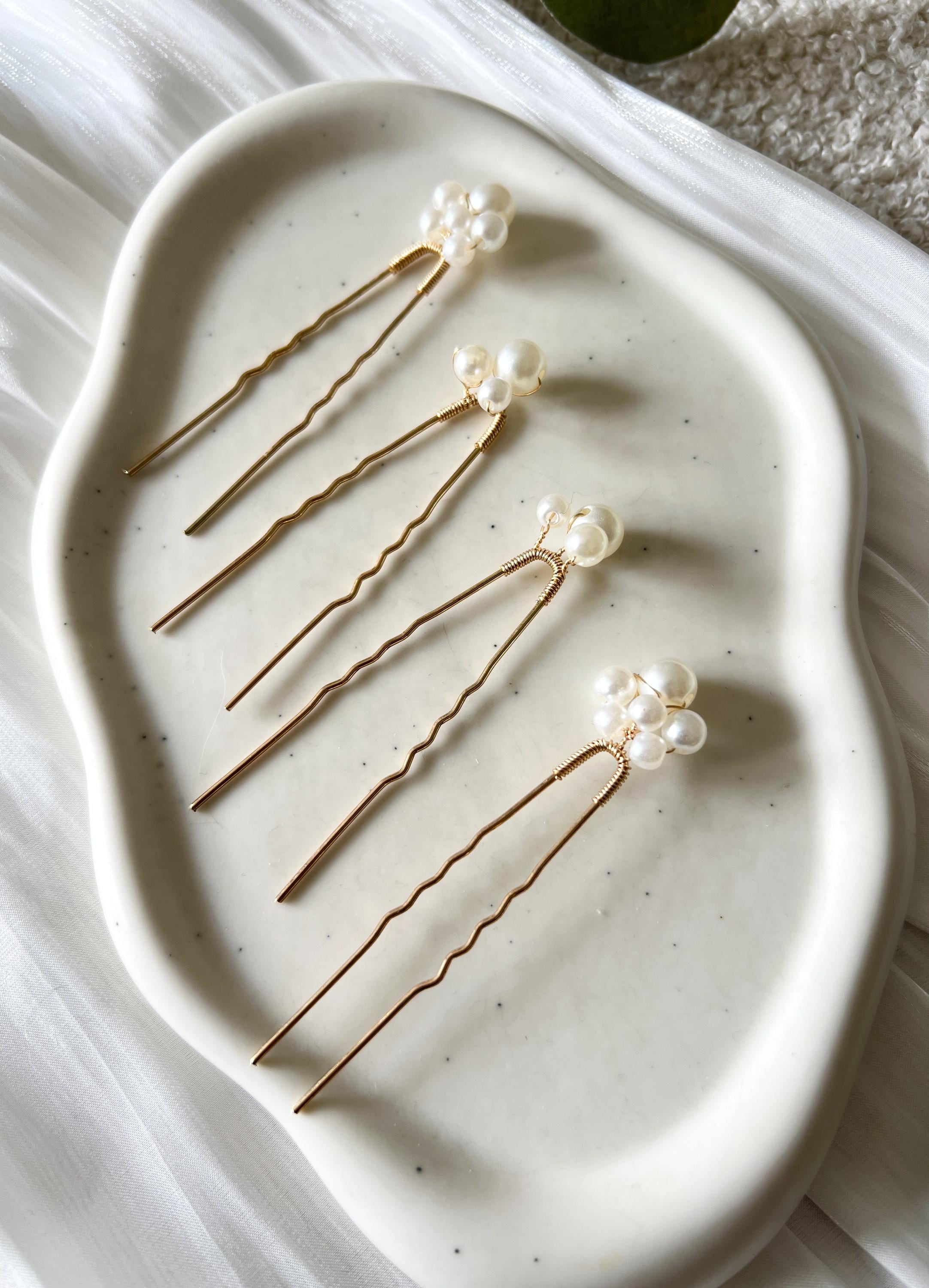 Braut Haarschmuck Set 4 Stück Haarspange gold mit weißen Perlen Haarnadeln Brautschmuck Hochzeitsschmuck Brautjungfer Trauzeugin Hochzeit