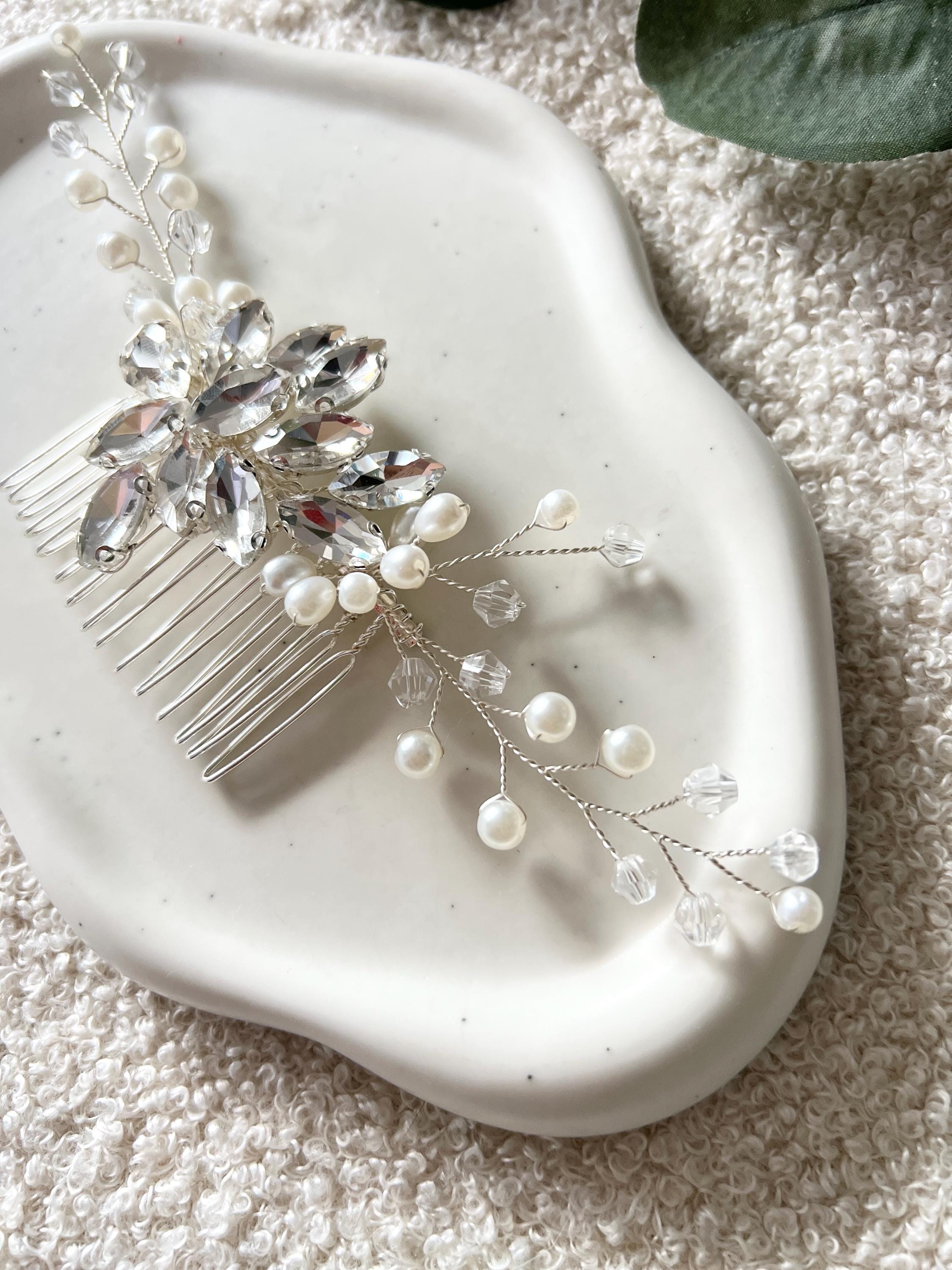 Haarkamm, Silber, weiße Perlen, glänzende Strass Steine, Brautschmuck, Haarschmuck Standesamt, Braut, Brautfrisur