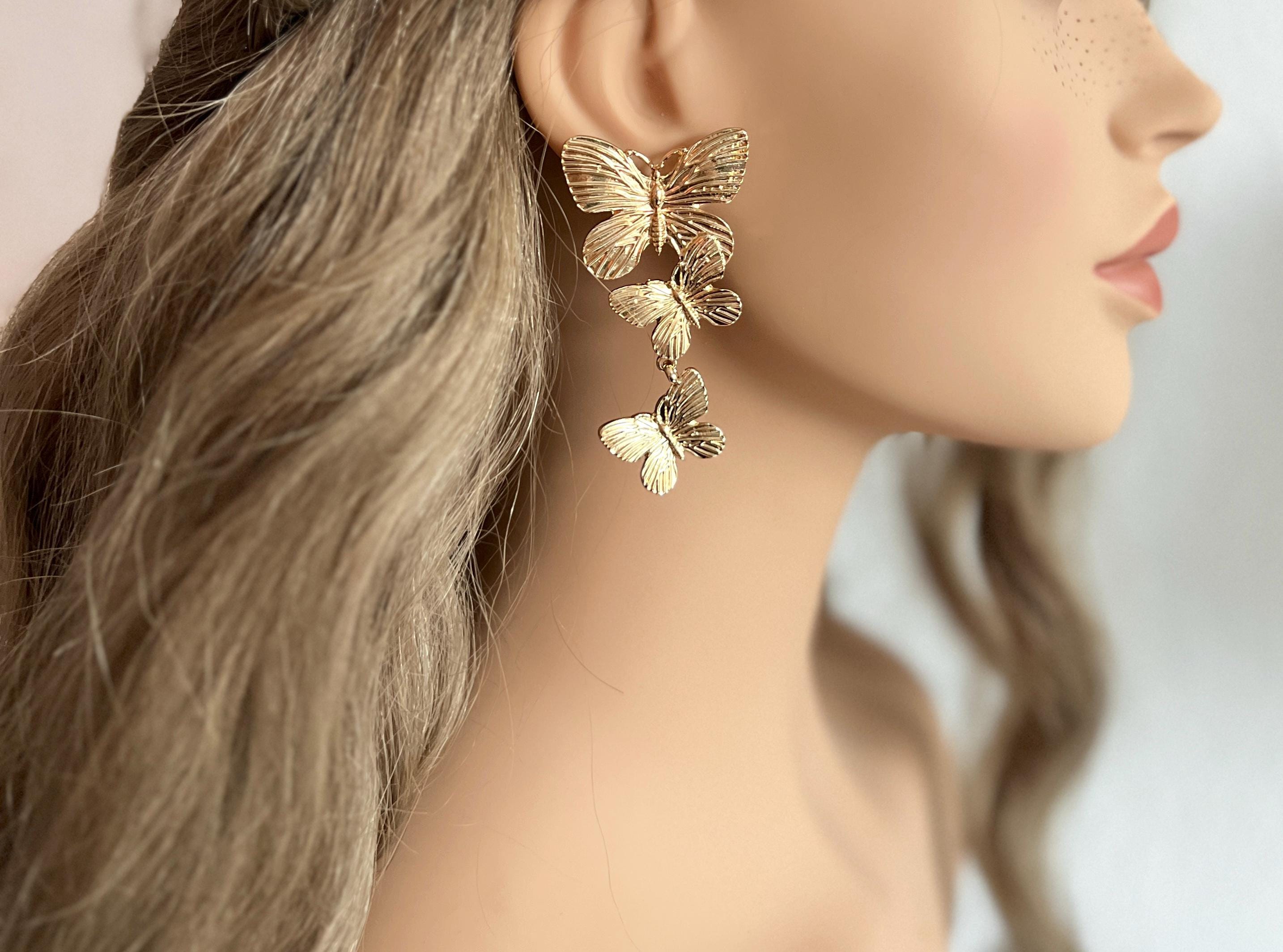 Ohrringe, Gold, Schmetterlinge, Brautohrringe Standesamt, moderne Hängeohrringe, Brautschmuck, Brautjungfer, Schmuck Hochzeit, lange Ohrstecker