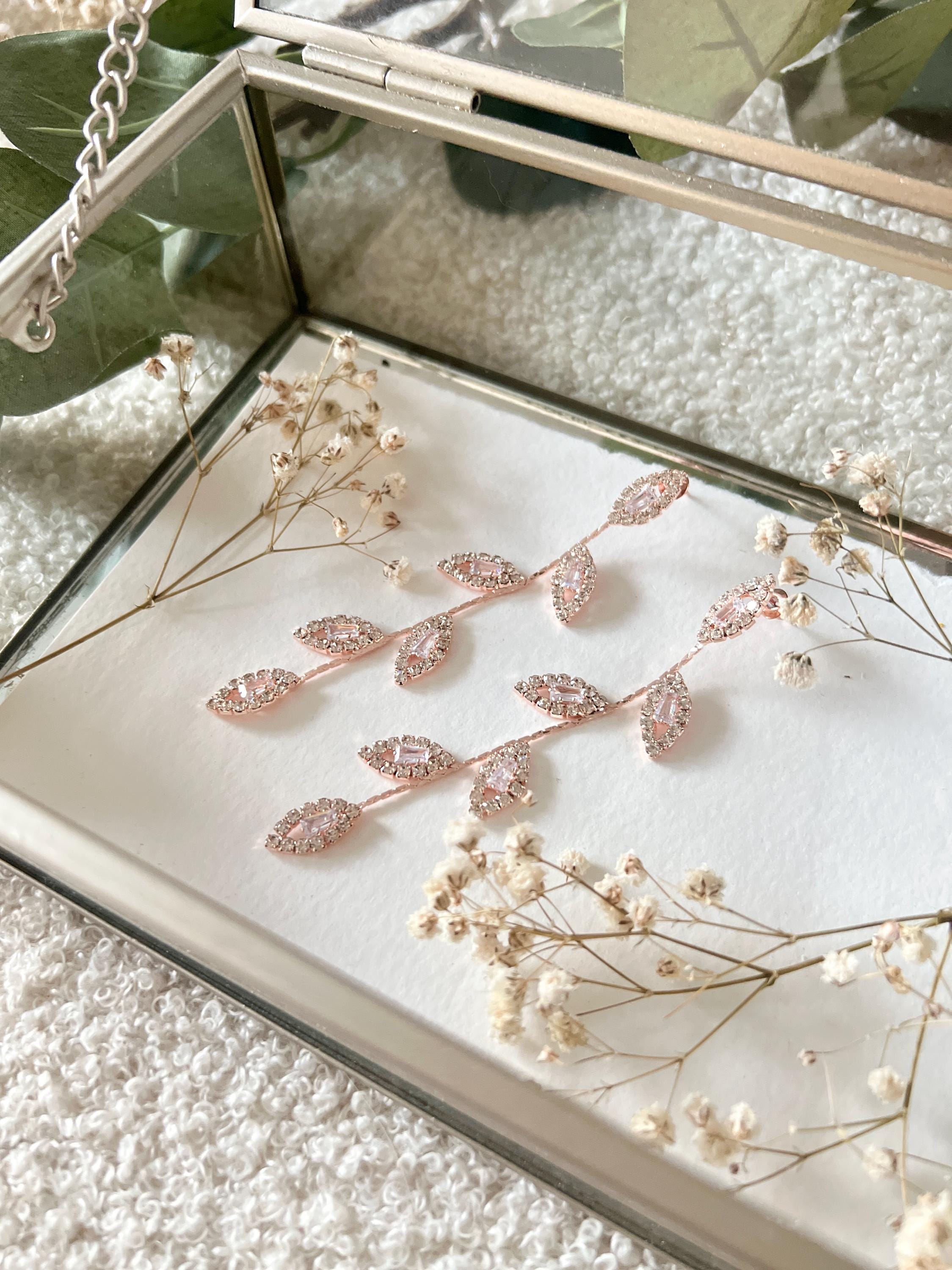 Lange Ohrringe, Brautohrringe, Roségold, Strasssteine, glänzende Brautohrringe, Brautschmuck, Schmuck Hochzeit, Brautjungfer, Hängeohrringe, Blätter