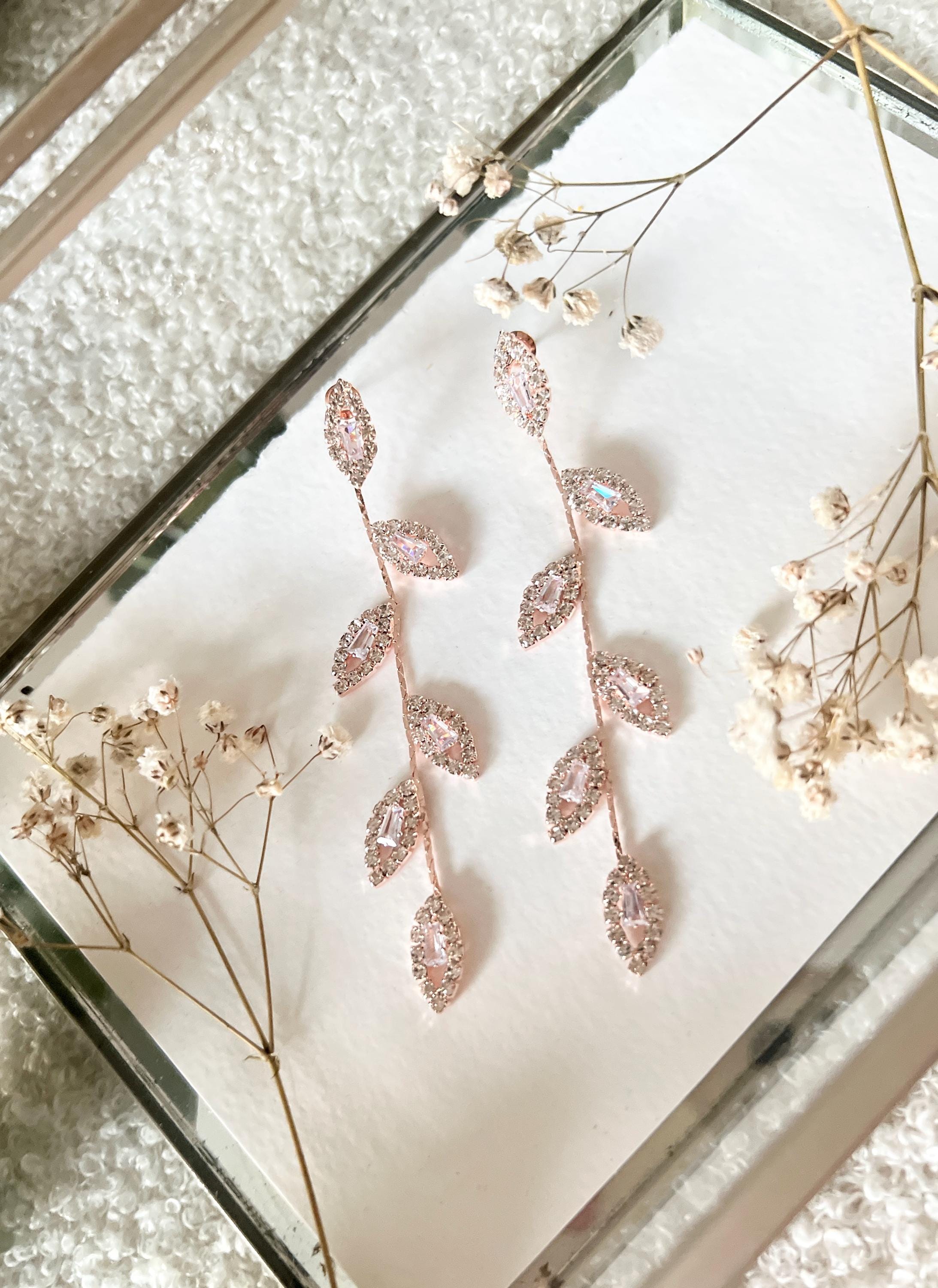 Lange Ohrringe, Brautohrringe, Roségold, Strasssteine, glänzende Brautohrringe, Brautschmuck, Schmuck Hochzeit, Brautjungfer, Hängeohrringe, Blätter
