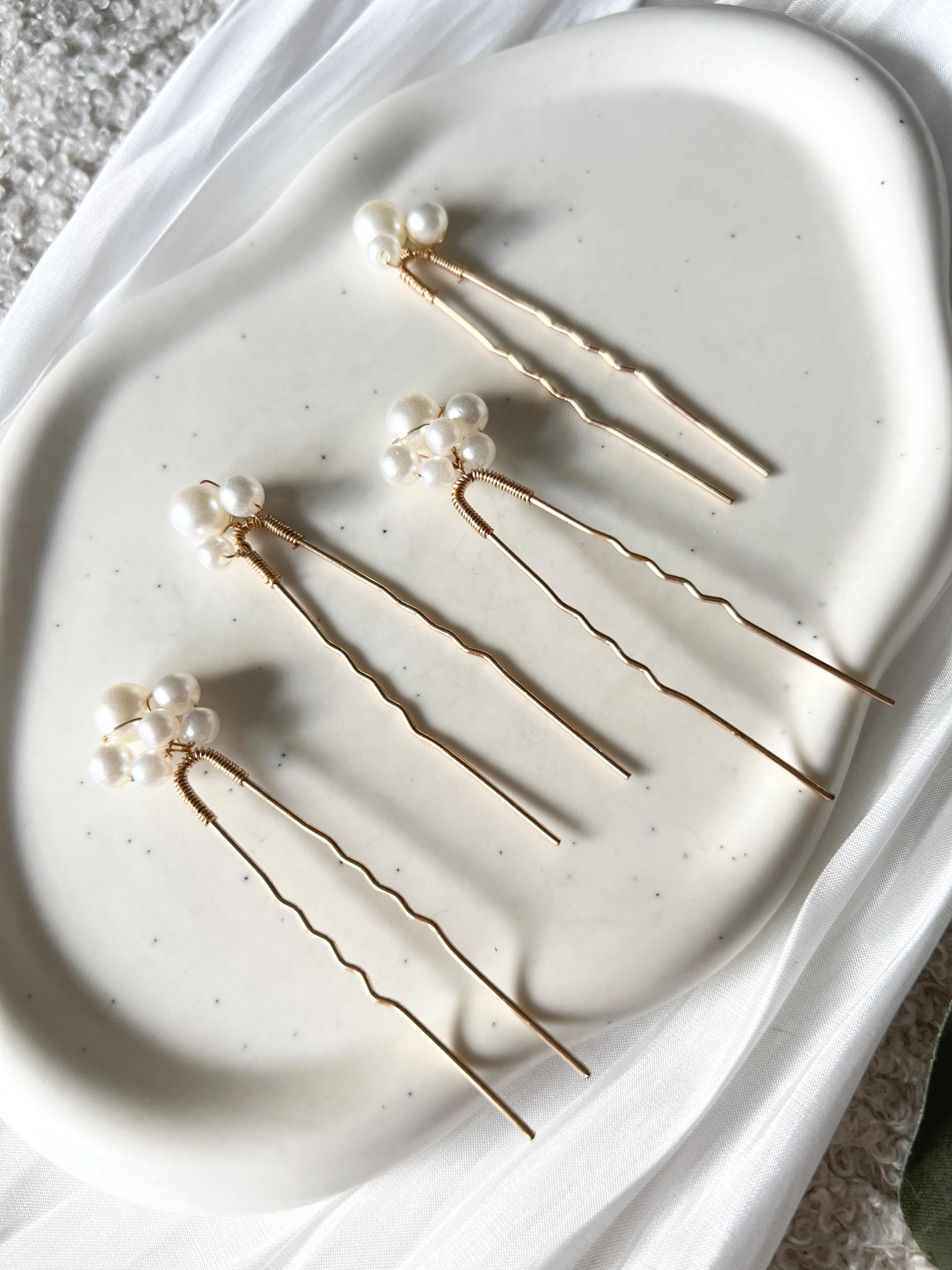 Braut Haarschmuck Set 4 Stück Haarspange gold mit weißen Perlen Haarnadeln Brautschmuck Hochzeitsschmuck Brautjungfer Trauzeugin Hochzeit