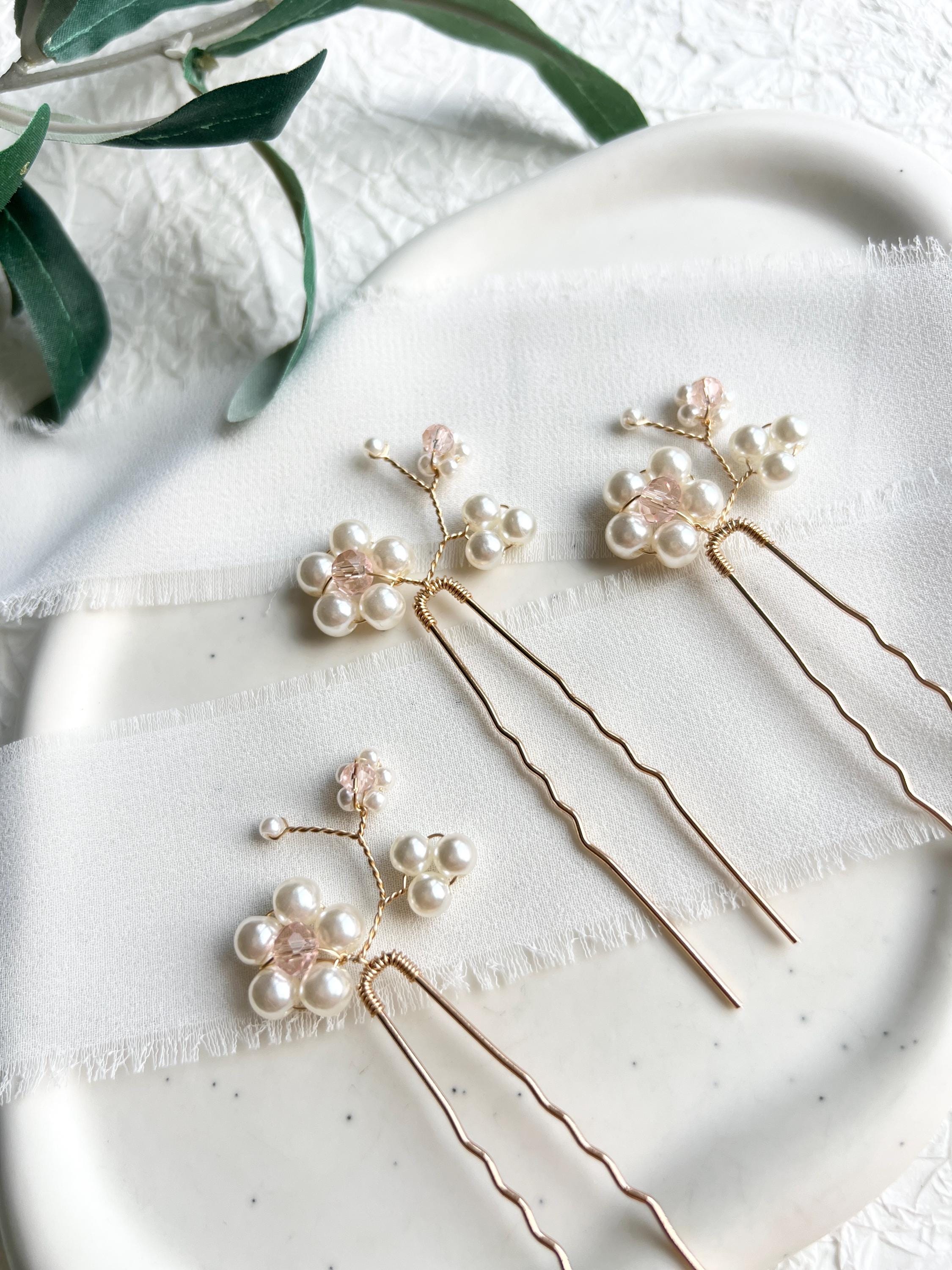 Haarnadeln, Gold, Set 3 Stück, Haarschmuck Blumen, Perlen rosa und weiß, Brautschmuck, Brautjungfer, Schmuck Braut, Hochzeit, Haarspange