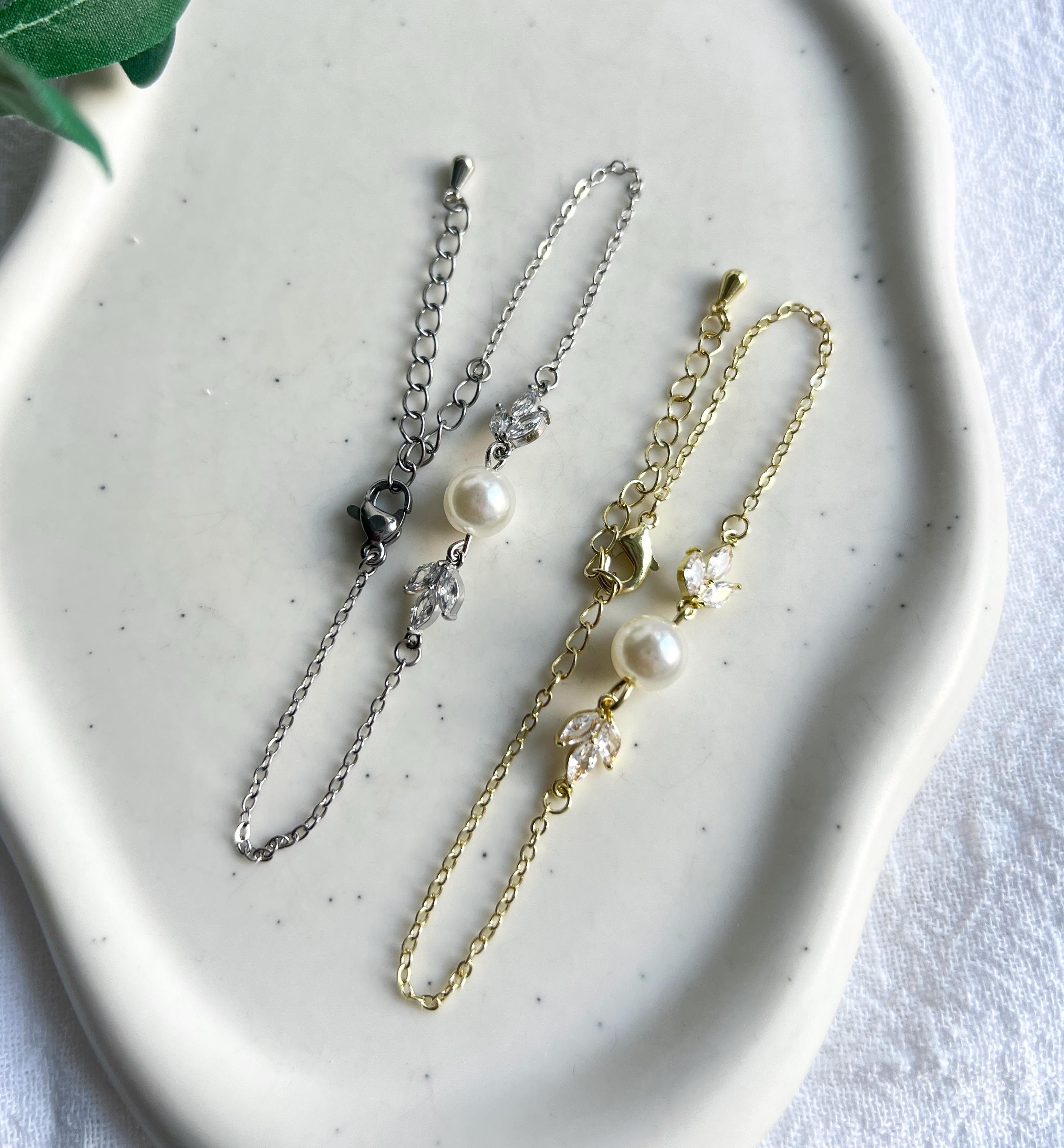 Brautarmband, Armband, weiße Perle, Perlenschmuck, Cubic-Zirkonia-Steine, Brautschmuck, Armschmuck, Braut, Brautjungfer, Schmuck Hochzeit, Gold oder Silber, Perlenarmband