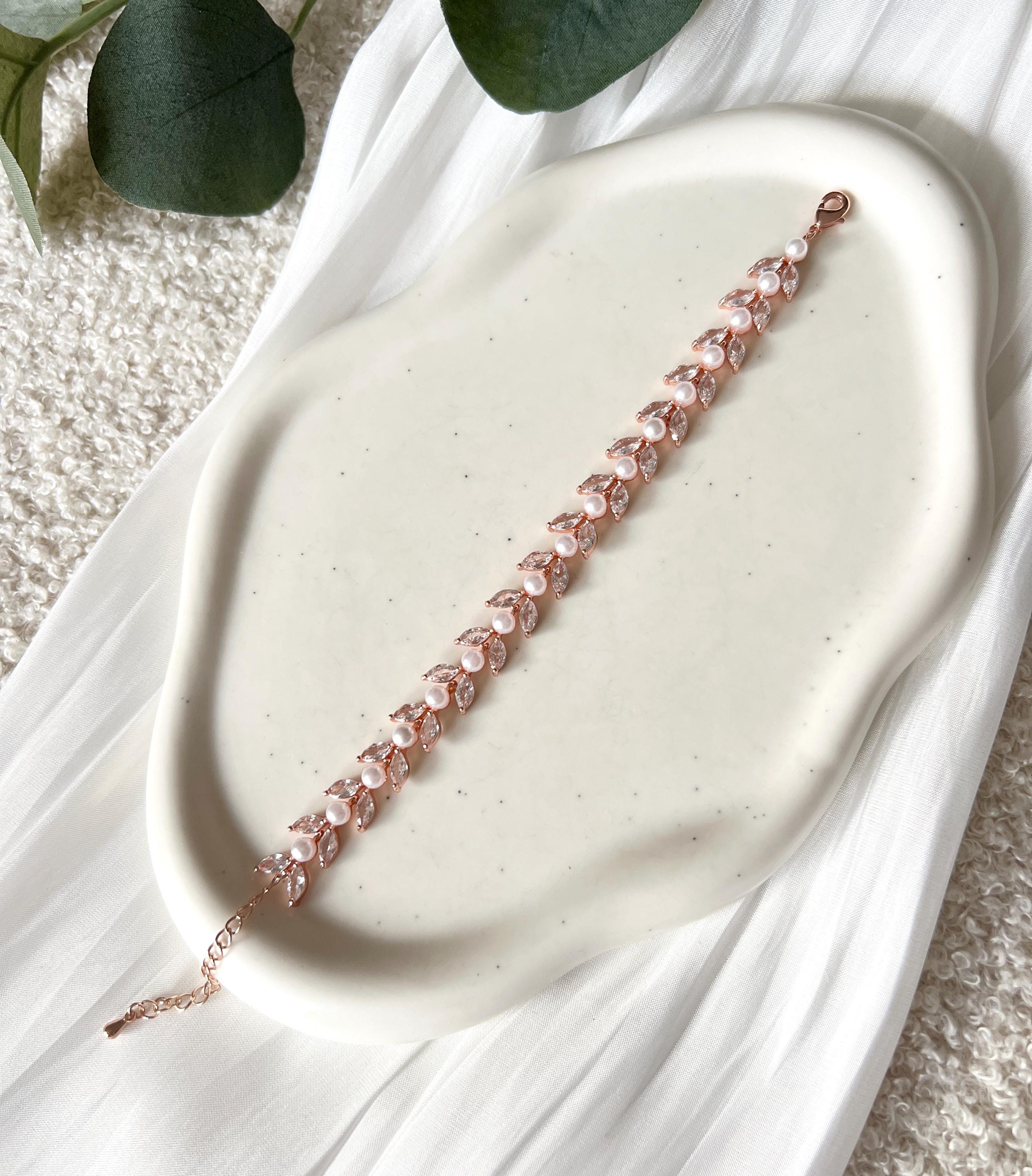 Brautarmband, Roségold, feiner Schmuck, Cubic Zirconia, Perlenschmuck, Perlenarmband, Brautschmuck, glänzendes Armband