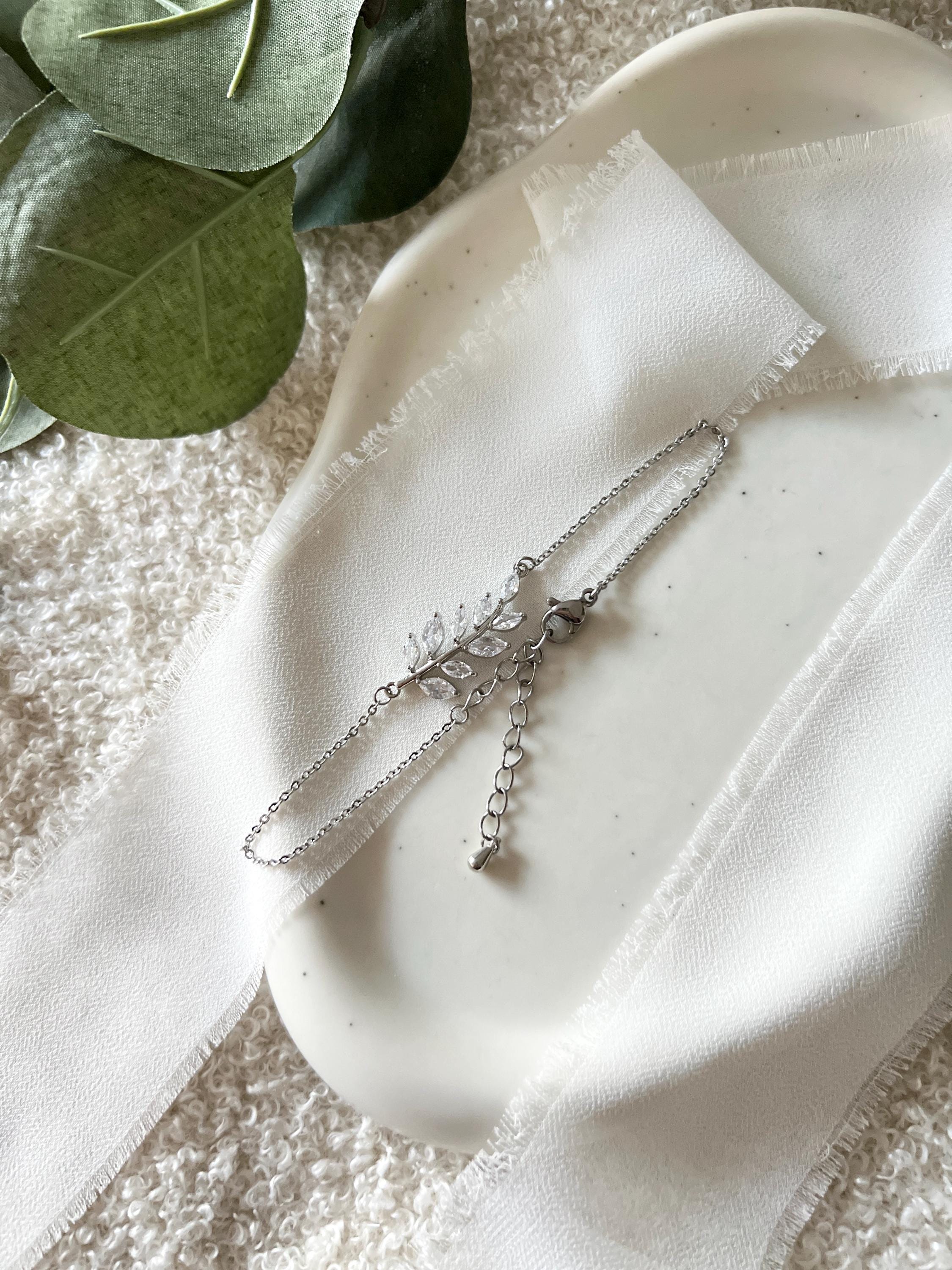 Armband, Silber, Brautarmband, Blatt, glänzender Armschmuck, Brautschmuck, feiner Schmuck Hochzeit, Geschenk für Sie