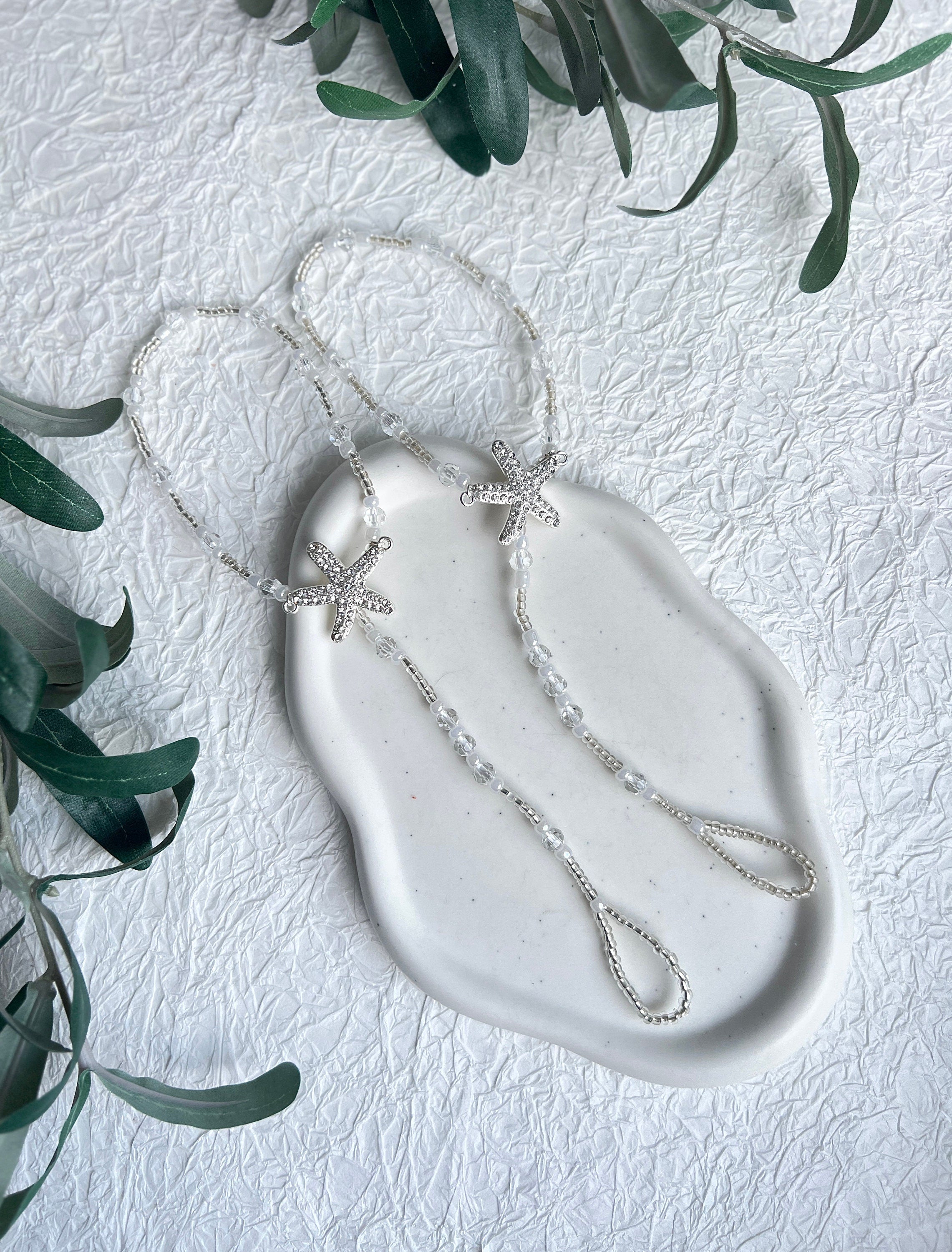 Fußschmuck, Barfusssandalen, Barfußsandalen, Perlen, Silber, Transparent, Seestern, Brautschmuck, Strandhochzeit