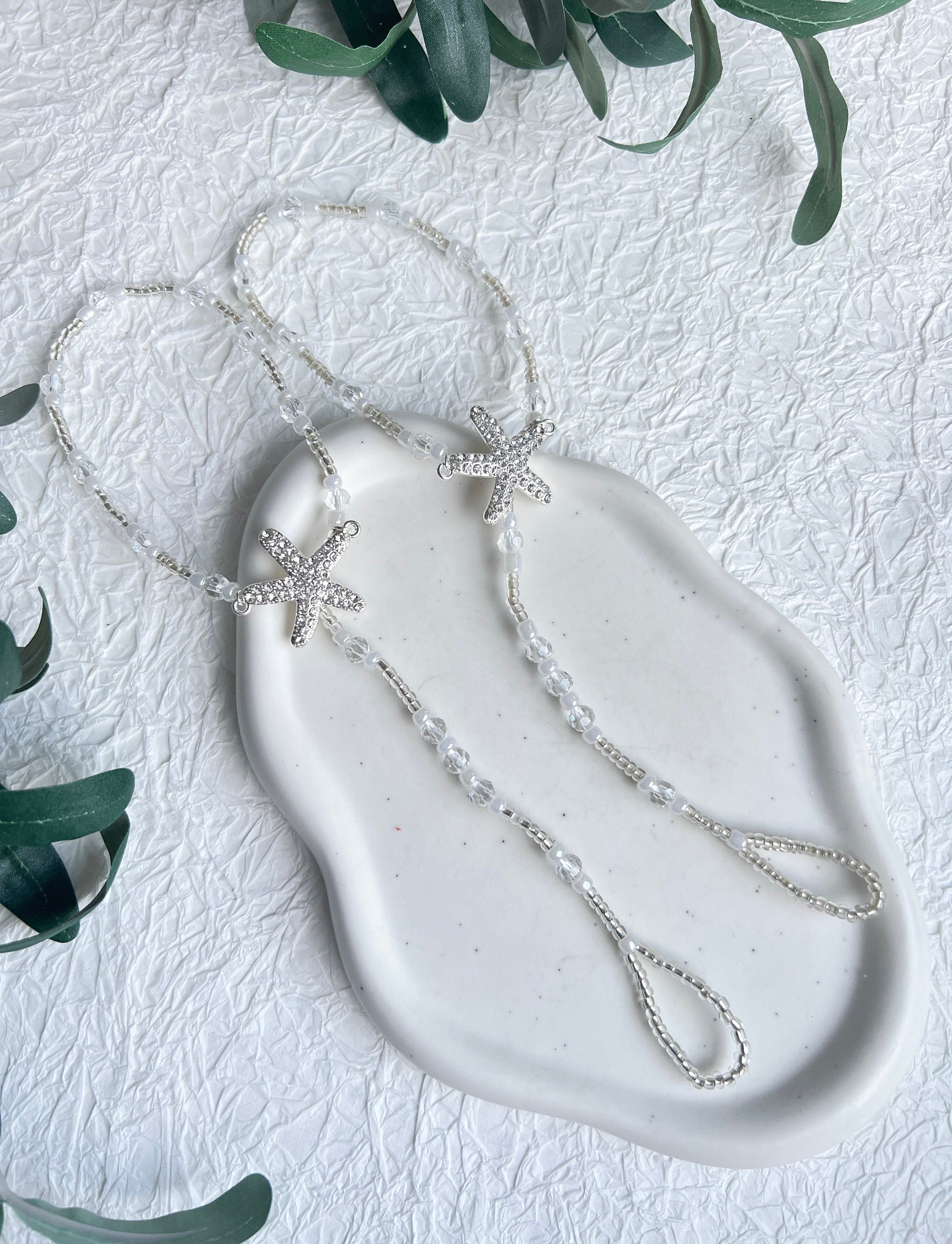 Fußschmuck, Barfusssandalen, Barfußsandalen, Perlen, Silber, Transparent, Seestern, Brautschmuck, Strandhochzeit