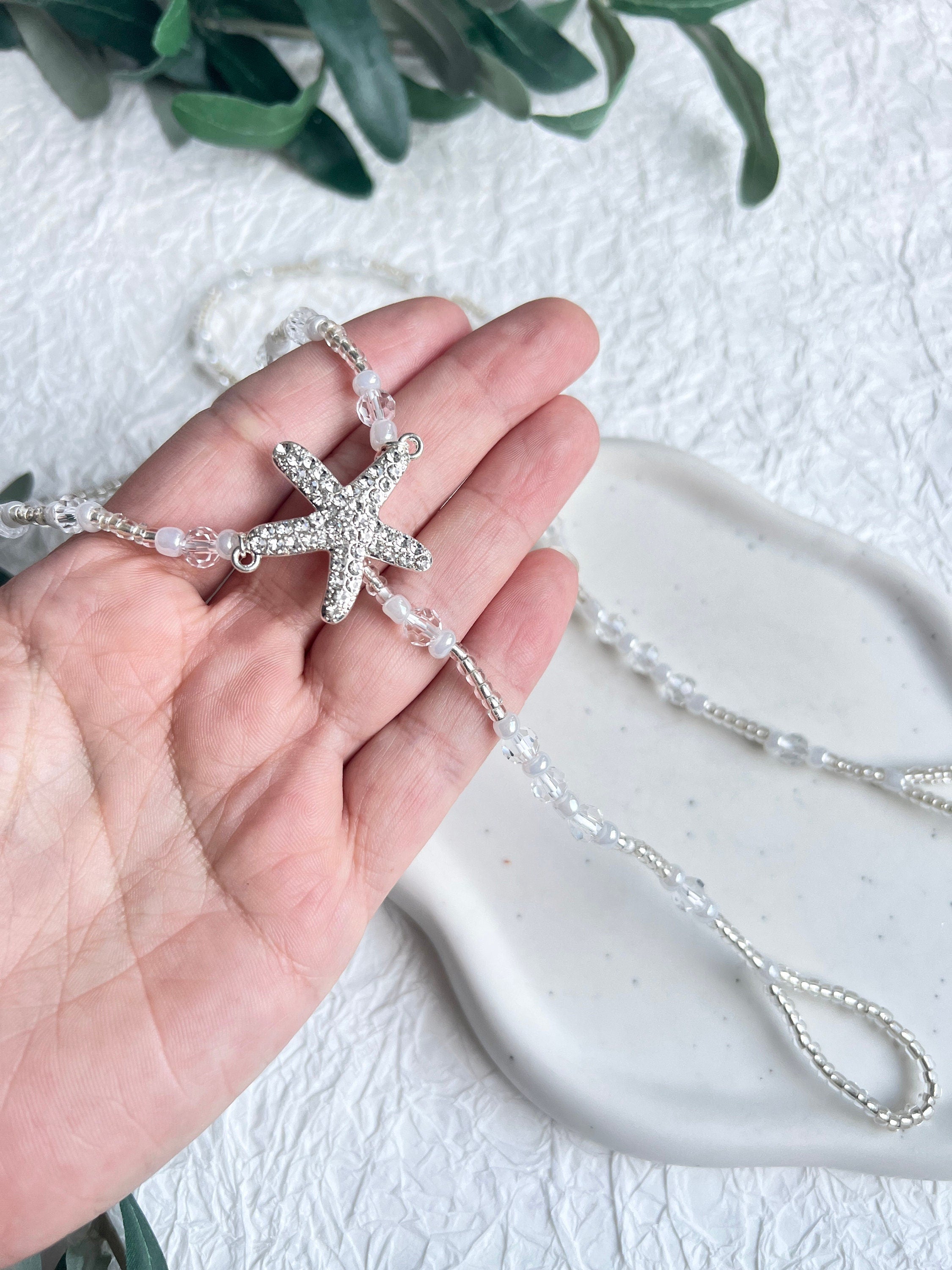 Fußschmuck, Barfusssandalen, Barfußsandalen, Perlen, Silber, Transparent, Seestern, Brautschmuck, Strandhochzeit