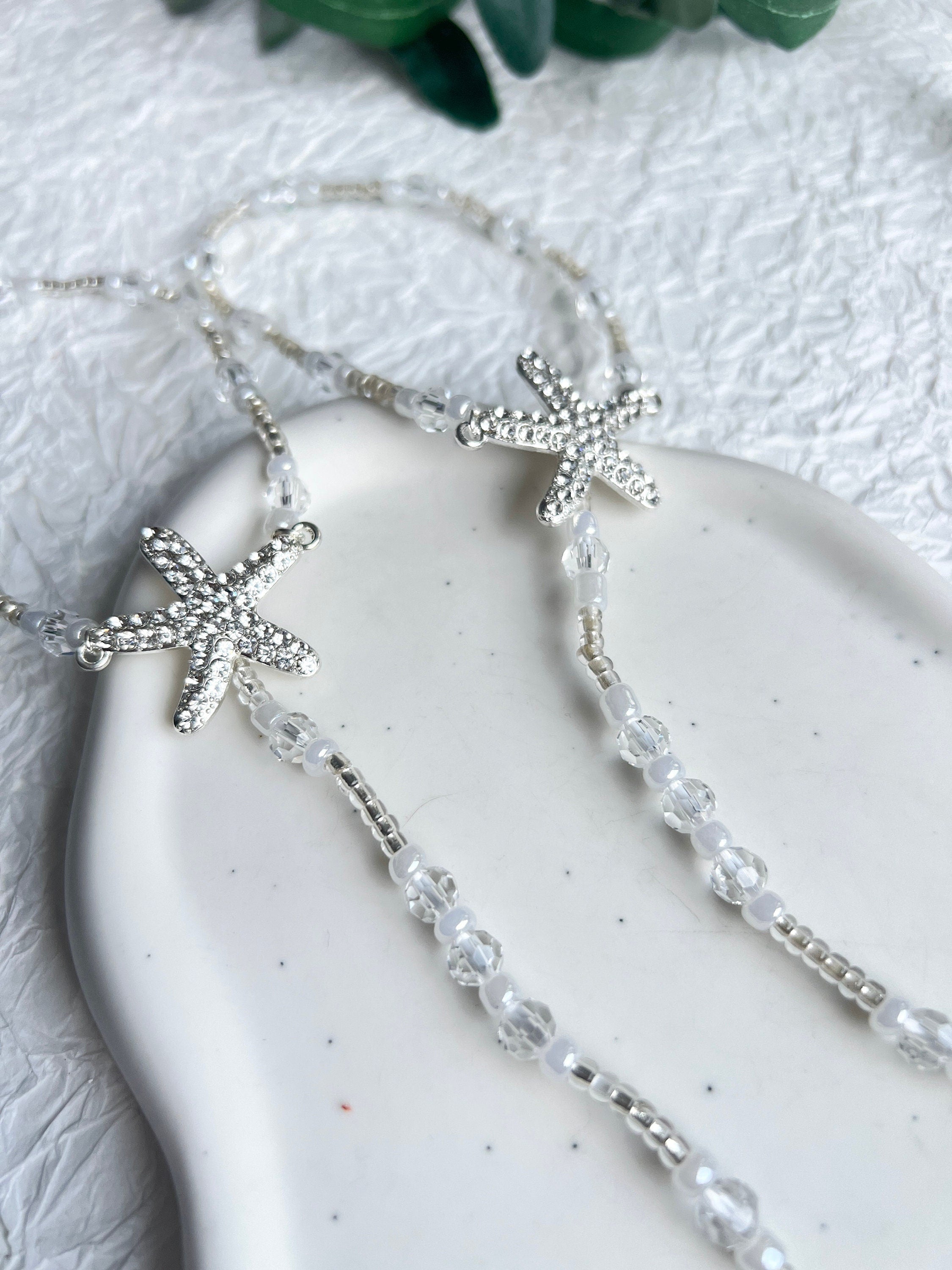 Fußschmuck, Barfusssandalen, Barfußsandalen, Perlen, Silber, Transparent, Seestern, Brautschmuck, Strandhochzeit
