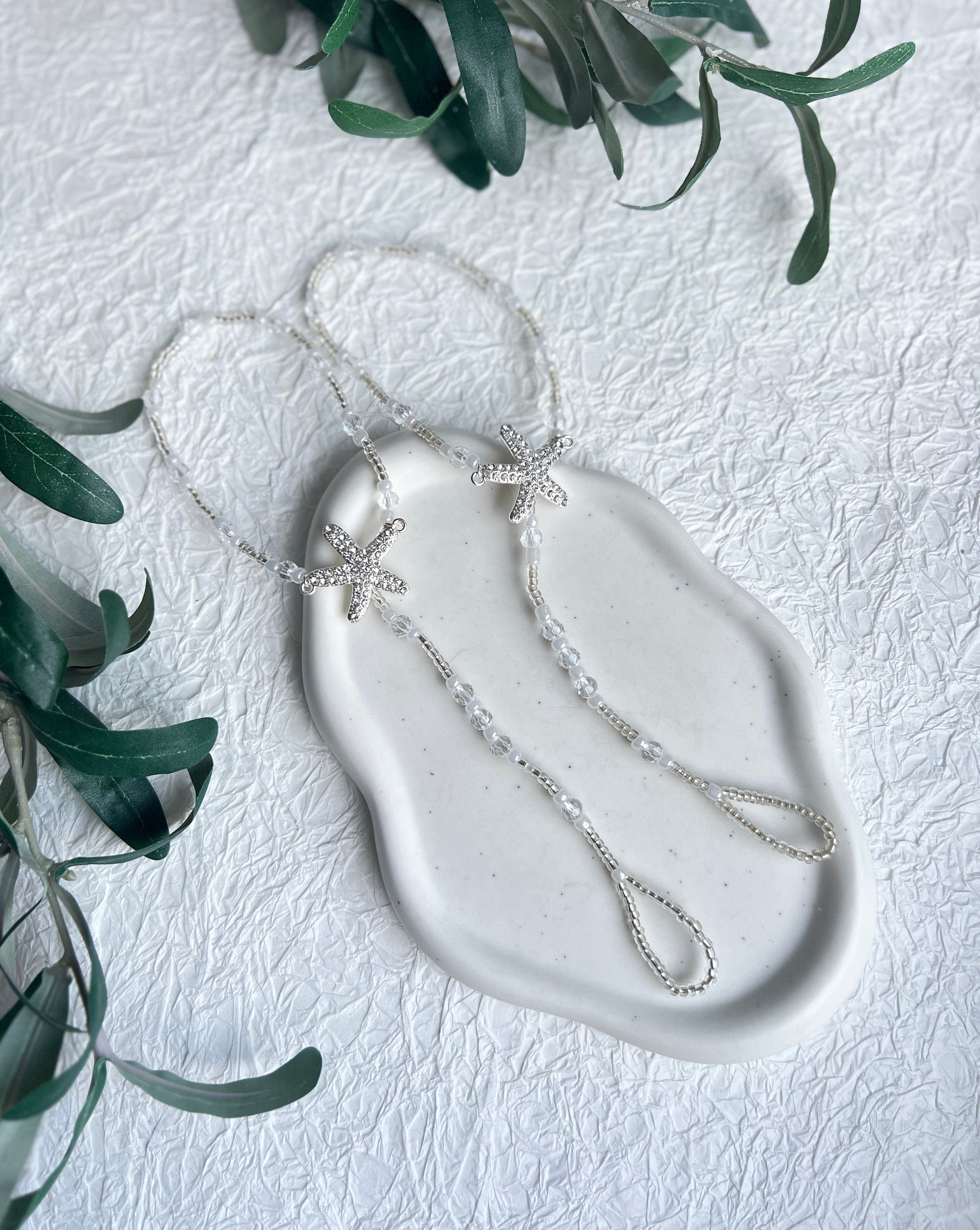 Fußschmuck, Barfusssandalen, Barfußsandalen, Perlen, Silber, Transparent, Seestern, Brautschmuck, Strandhochzeit
