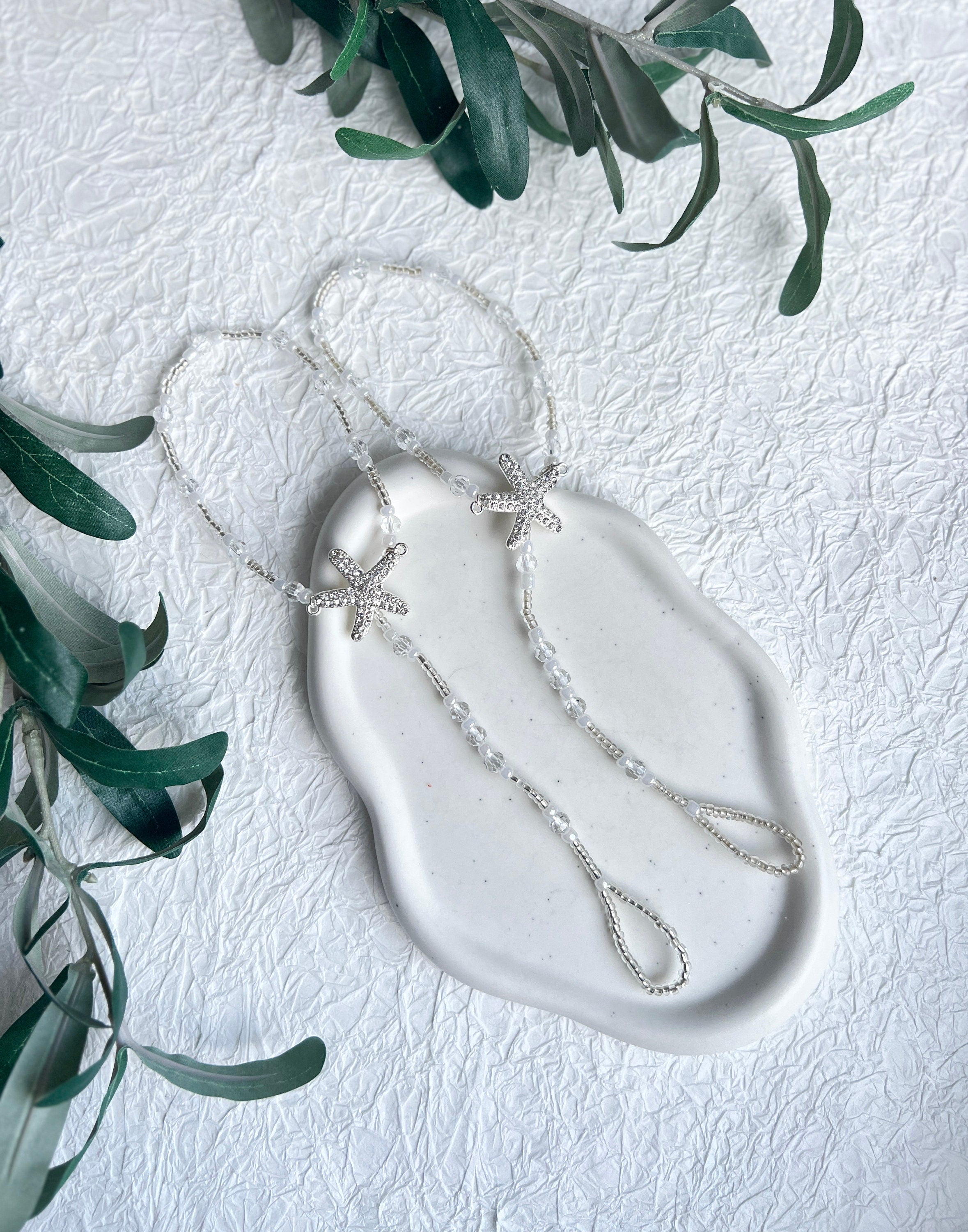 Fußschmuck, Barfusssandalen, Barfußsandalen, Perlen, Silber, Transparent, Seestern, Brautschmuck, Strandhochzeit