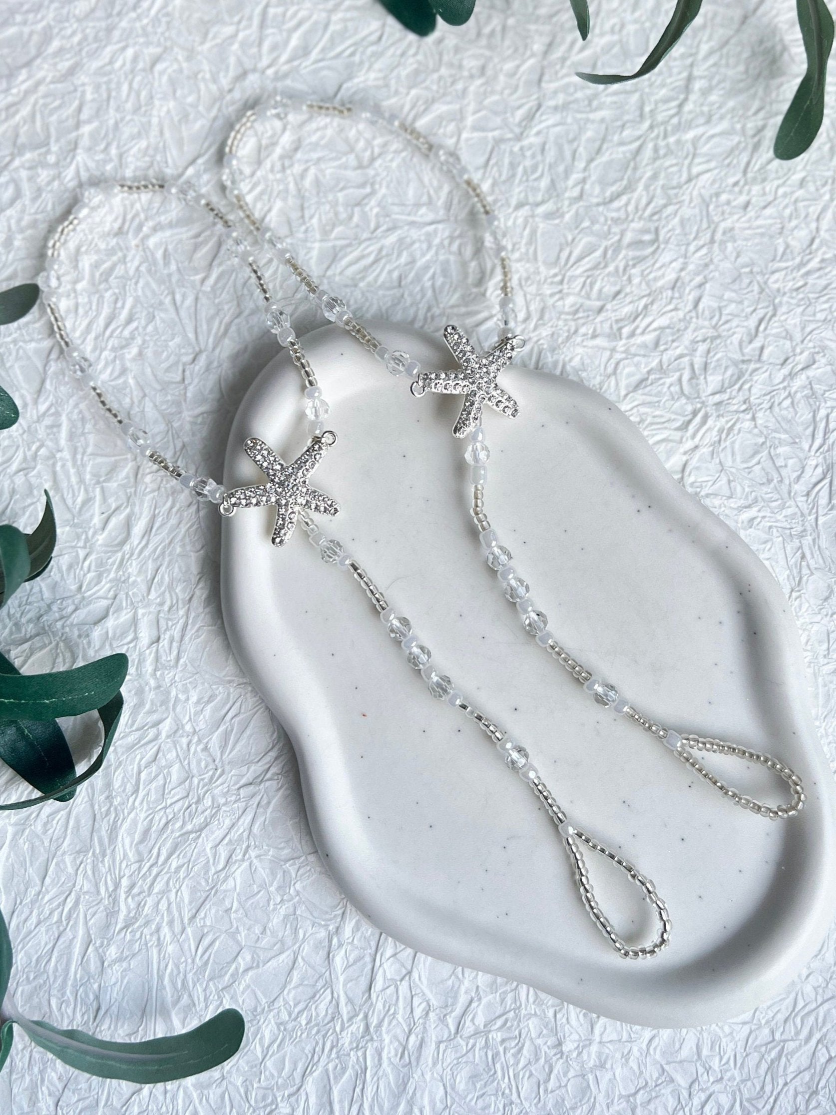 Fußschmuck, Barfusssandalen, Barfußsandalen, Perlen, Silber, Transparent, Seestern, Brautschmuck, Strandhochzeit
