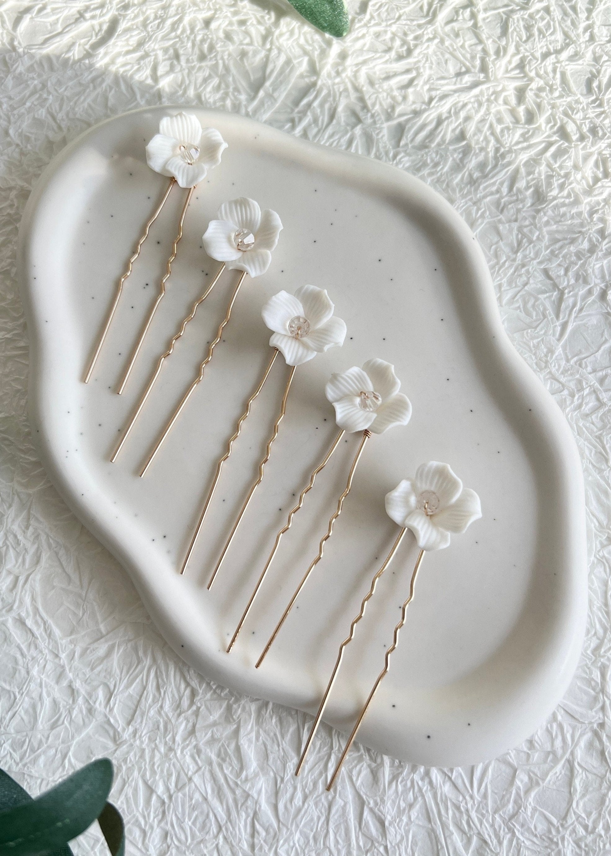 Blüten Haarschmuck, Braut Set, 5 Stück, Gold, weiße Blumen, goldene Haarnadeln, Perlen,-Brauthaarschmuck-Schmuckblüte