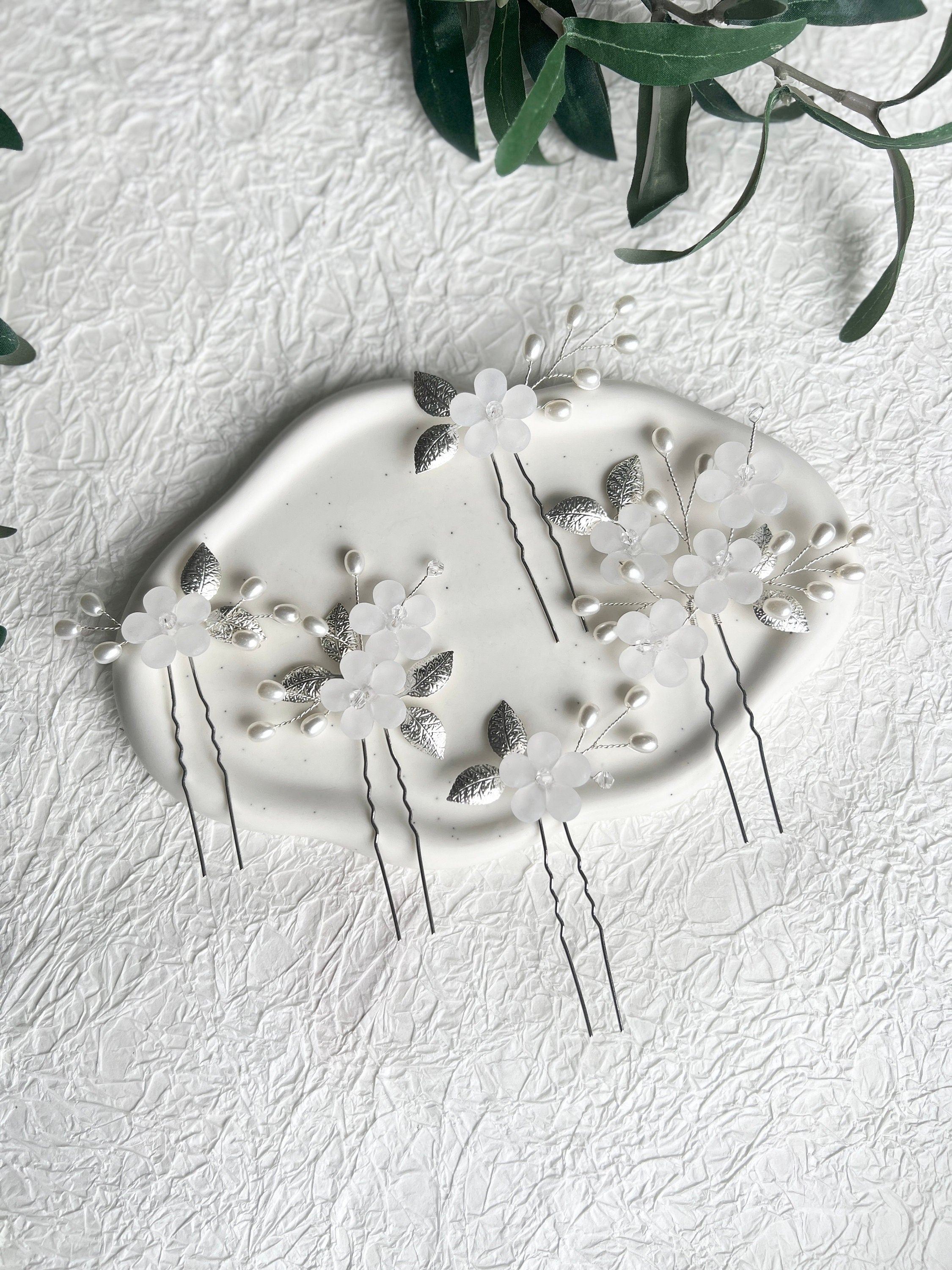 Braut Haarnadeln, Set 5 Stück, Braut Haarspange, Silber, weiße Perlen, weißtransparente Blumen,-Brauthaarschmuck-Schmuckblüte