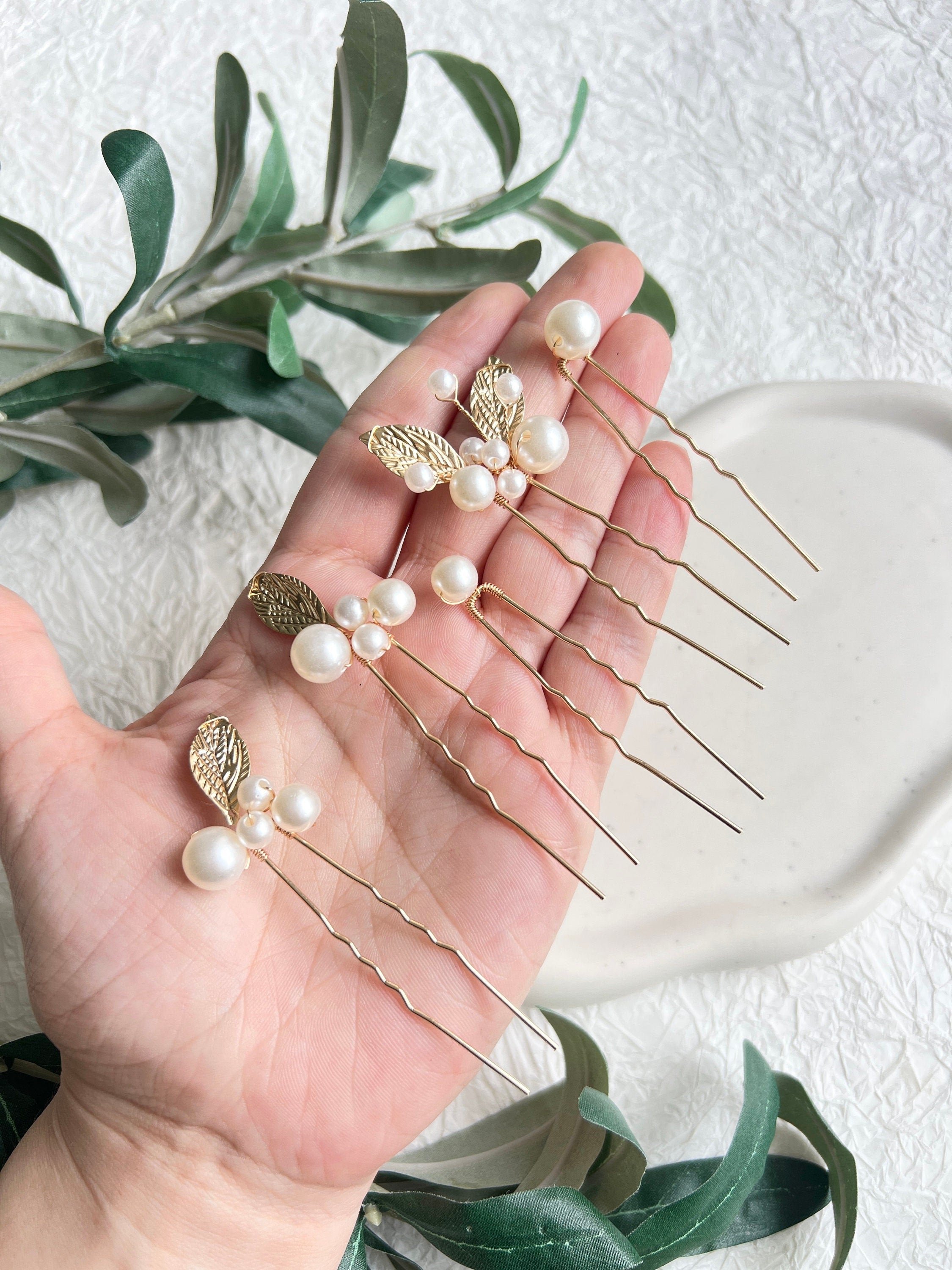 Haarnadeln mit weißen Perlen und goldenen Blättern, Braut, Haarschmuck, Set 5 Stück, Brautschmuck, Brautjungfer, Brautfrisur, Schmuck Hochzeit
