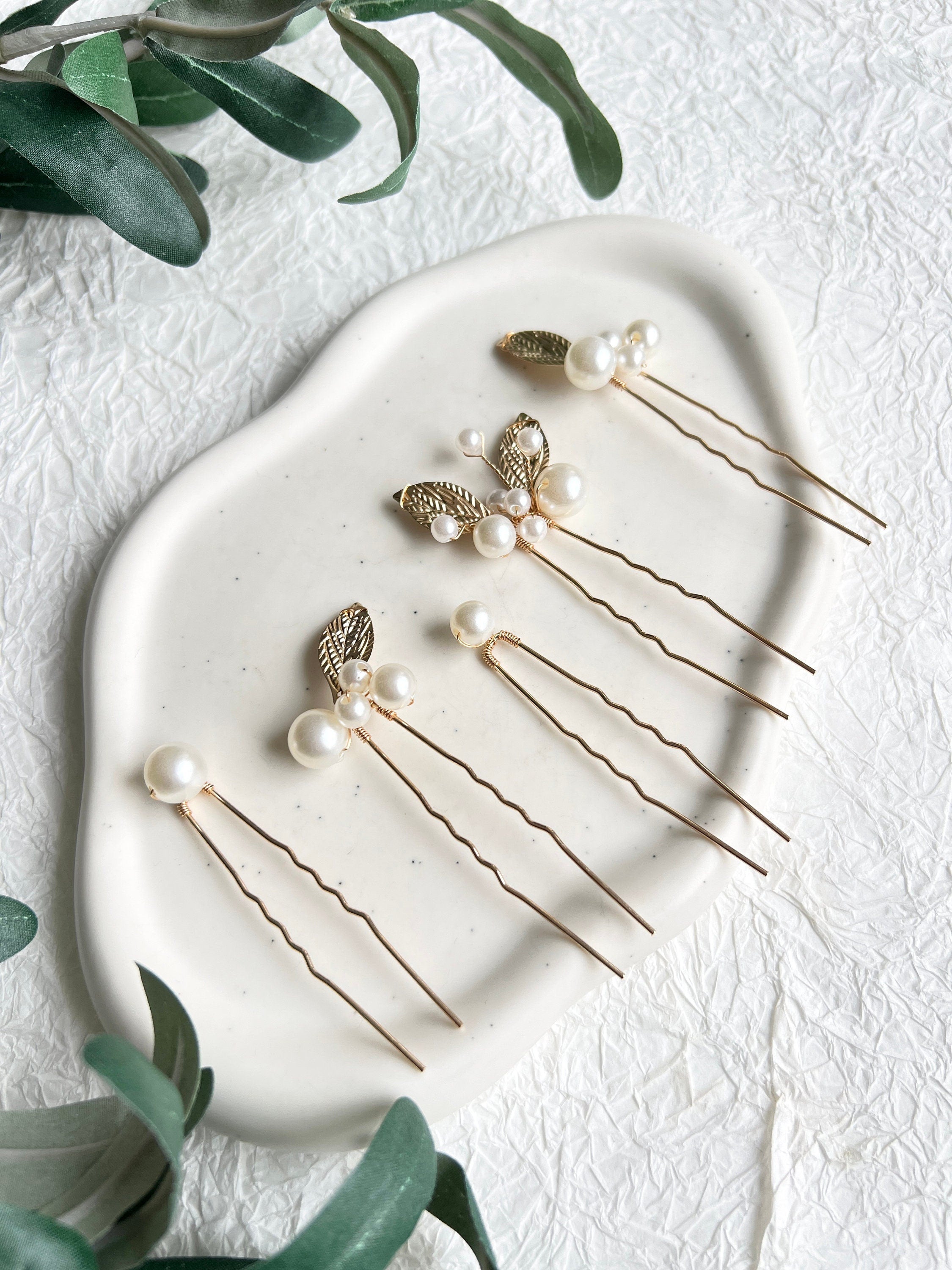 Haarnadeln mit weißen Perlen und goldenen Blättern, Braut, Haarschmuck, Set 5 Stück, Brautschmuck, Brautjungfer, Brautfrisur, Schmuck Hochzeit