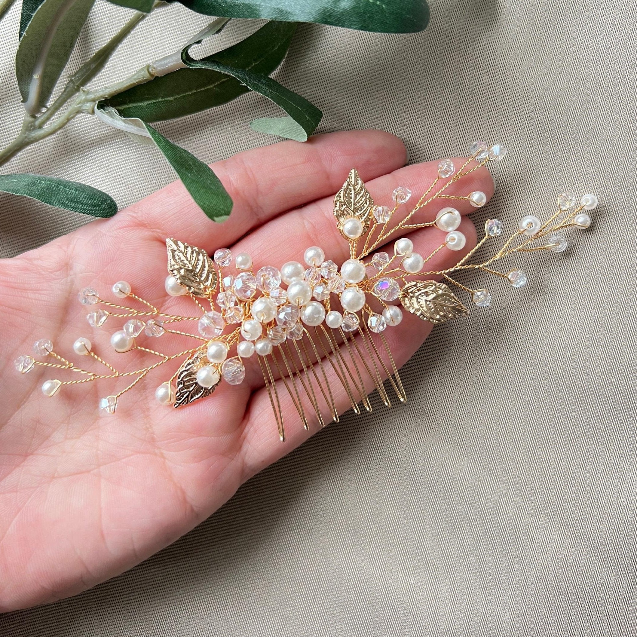 Braut Haarschmuck, Haarkamm, Perlen, gold, Hochzeit, hochwertiger Brauthaarschmuck-Brauthaarschmuck-Schmuckblüte