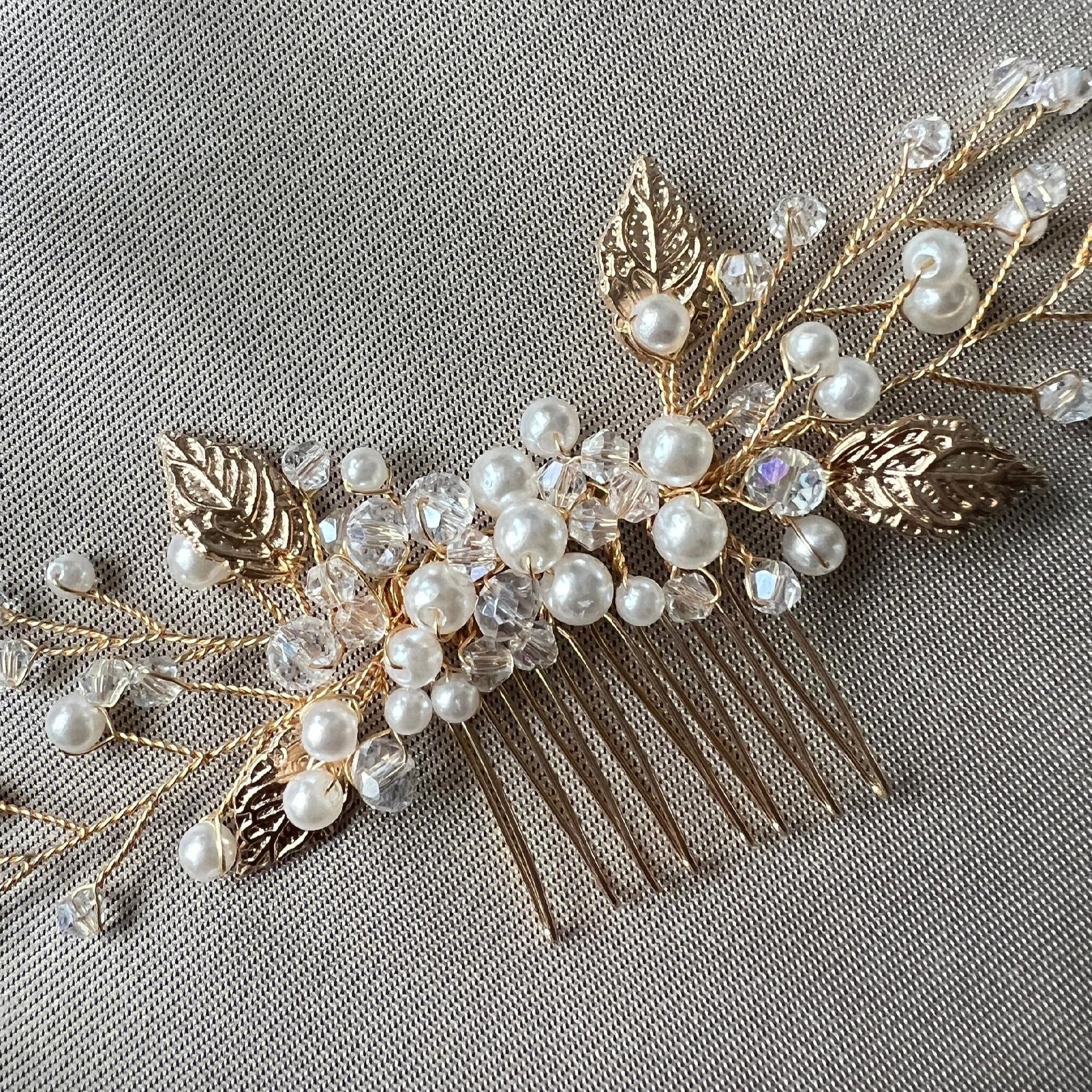 Braut Haarschmuck, Haarkamm, Perlen, gold, Hochzeit, hochwertiger Brauthaarschmuck-Brauthaarschmuck-Schmuckblüte