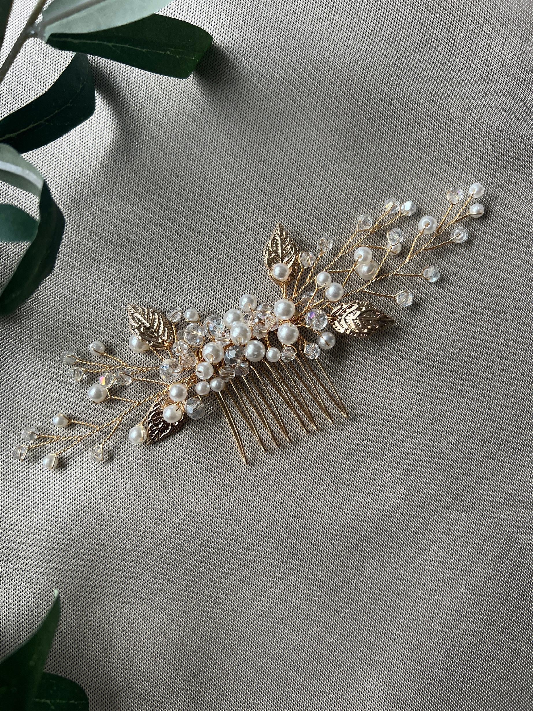 Braut Haarschmuck, Haarkamm, Perlen, gold, Hochzeit, hochwertiger Brauthaarschmuck-Brauthaarschmuck-Schmuckblüte