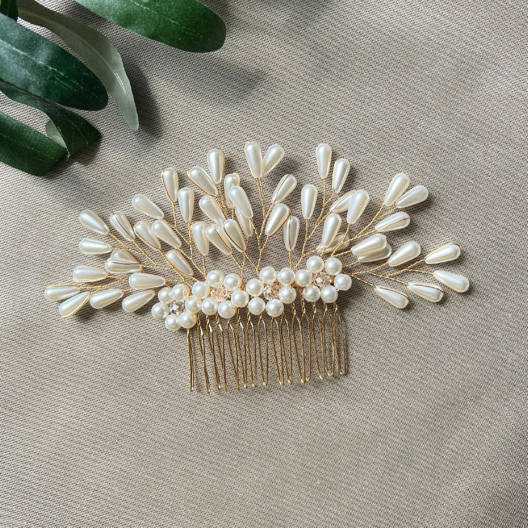 Braut Haarschmuck, Haarkamm, Perlen, gold, Hochzeit, hochwertiger Brauthaarschmuck-Brauthaarschmuck-Schmuckblüte