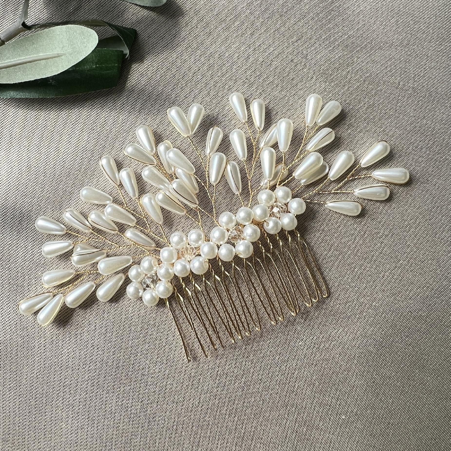 Braut Haarschmuck, Haarkamm, Perlen, gold, Hochzeit, hochwertiger Brauthaarschmuck-Brauthaarschmuck-Schmuckblüte