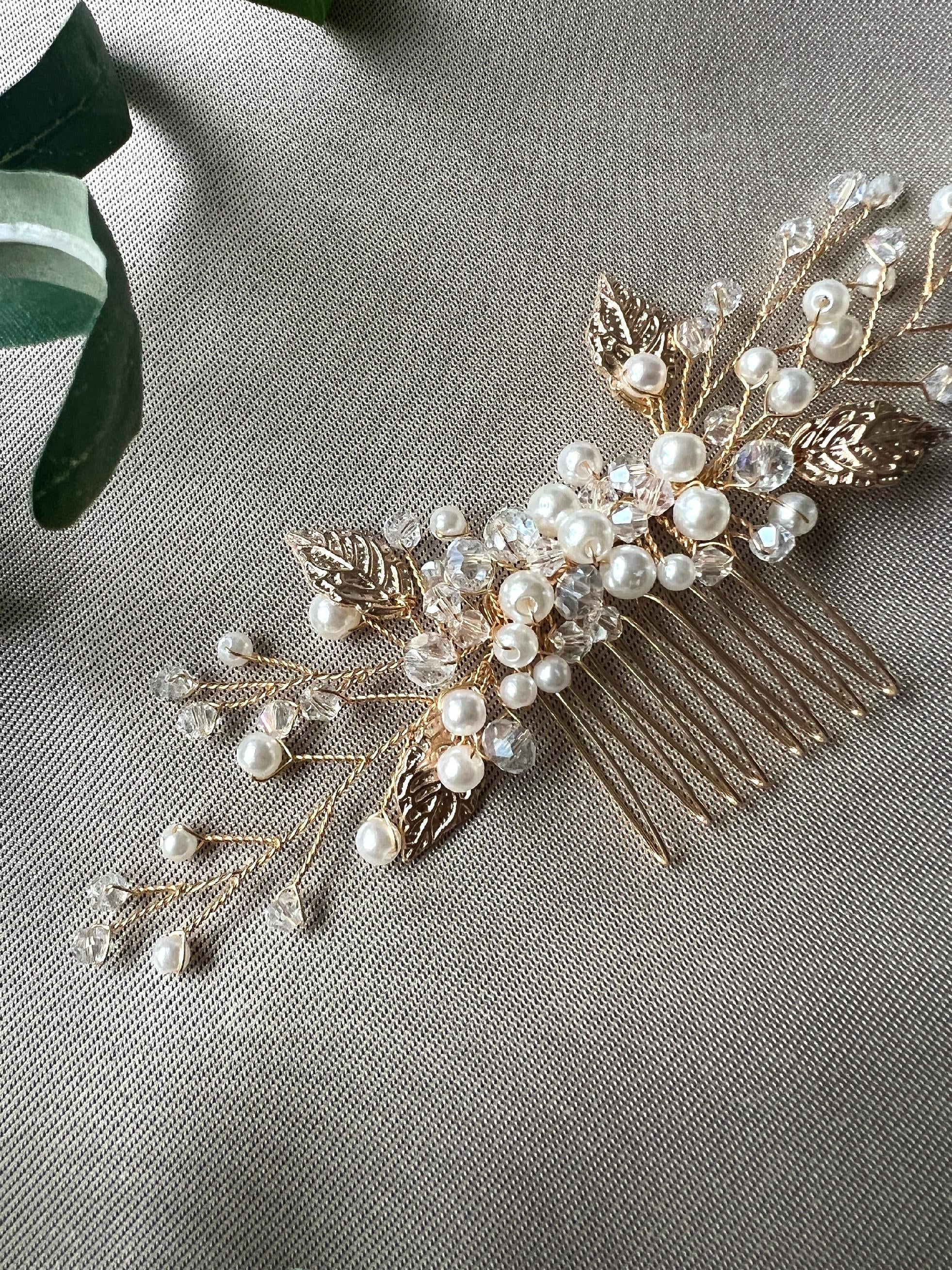 Braut Haarschmuck, Haarkamm, Perlen, gold, Hochzeit, hochwertiger Brauthaarschmuck-Brauthaarschmuck-Schmuckblüte