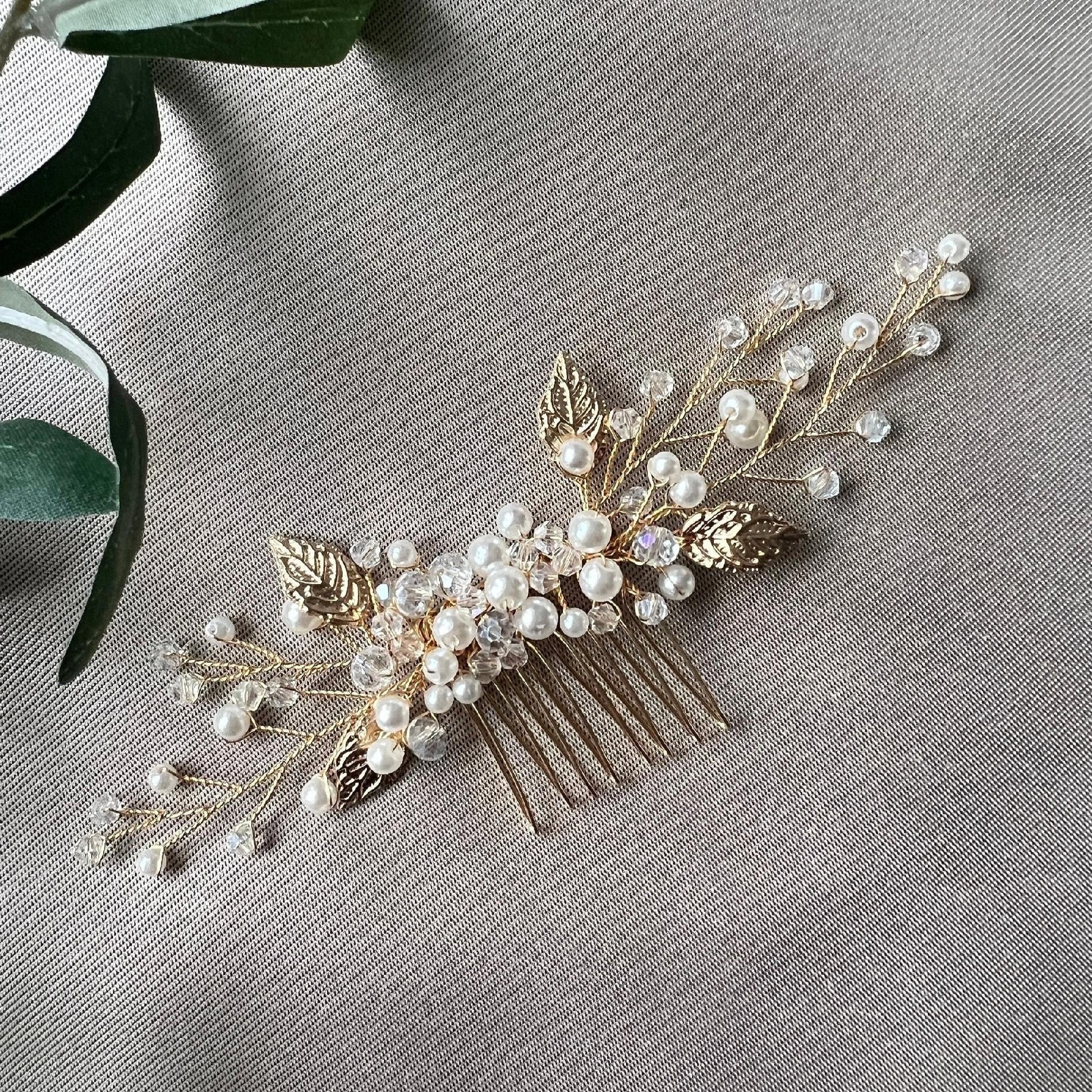 Braut Haarschmuck, Haarkamm, Perlen, gold, Hochzeit, hochwertiger Brauthaarschmuck-Brauthaarschmuck-Schmuckblüte