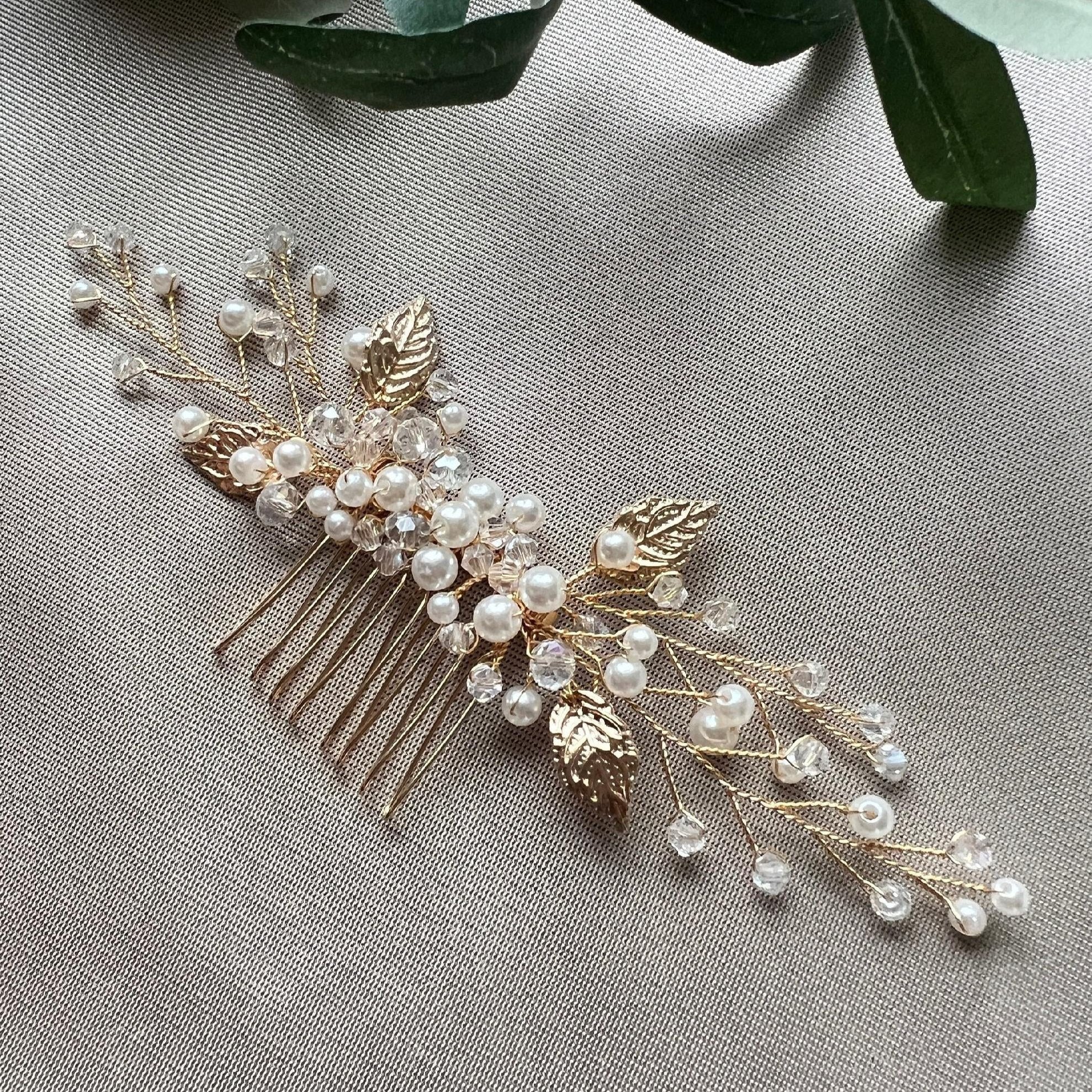 Braut Haarschmuck, Haarkamm, Perlen, gold, Hochzeit, hochwertiger Brauthaarschmuck-Brauthaarschmuck-Schmuckblüte