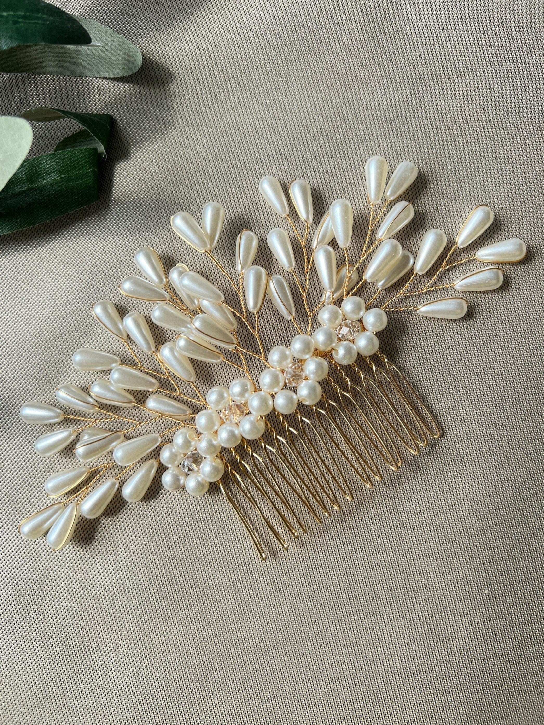 Braut Haarschmuck, Haarkamm, Perlen, gold, Hochzeit, hochwertiger Brauthaarschmuck-Brauthaarschmuck-Schmuckblüte