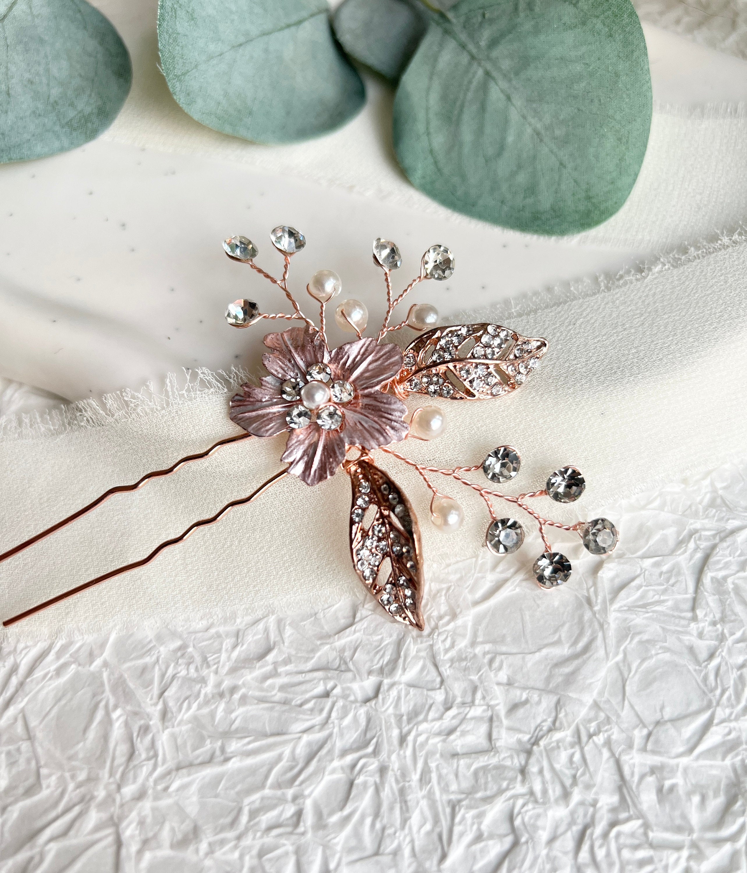 Braut Haarschmuck, Haarkamm Roségold, Perlen, Blume, Strasssteine, Haarspange, Hochzeit,-Brauthaarschmuck-Schmuckblüte