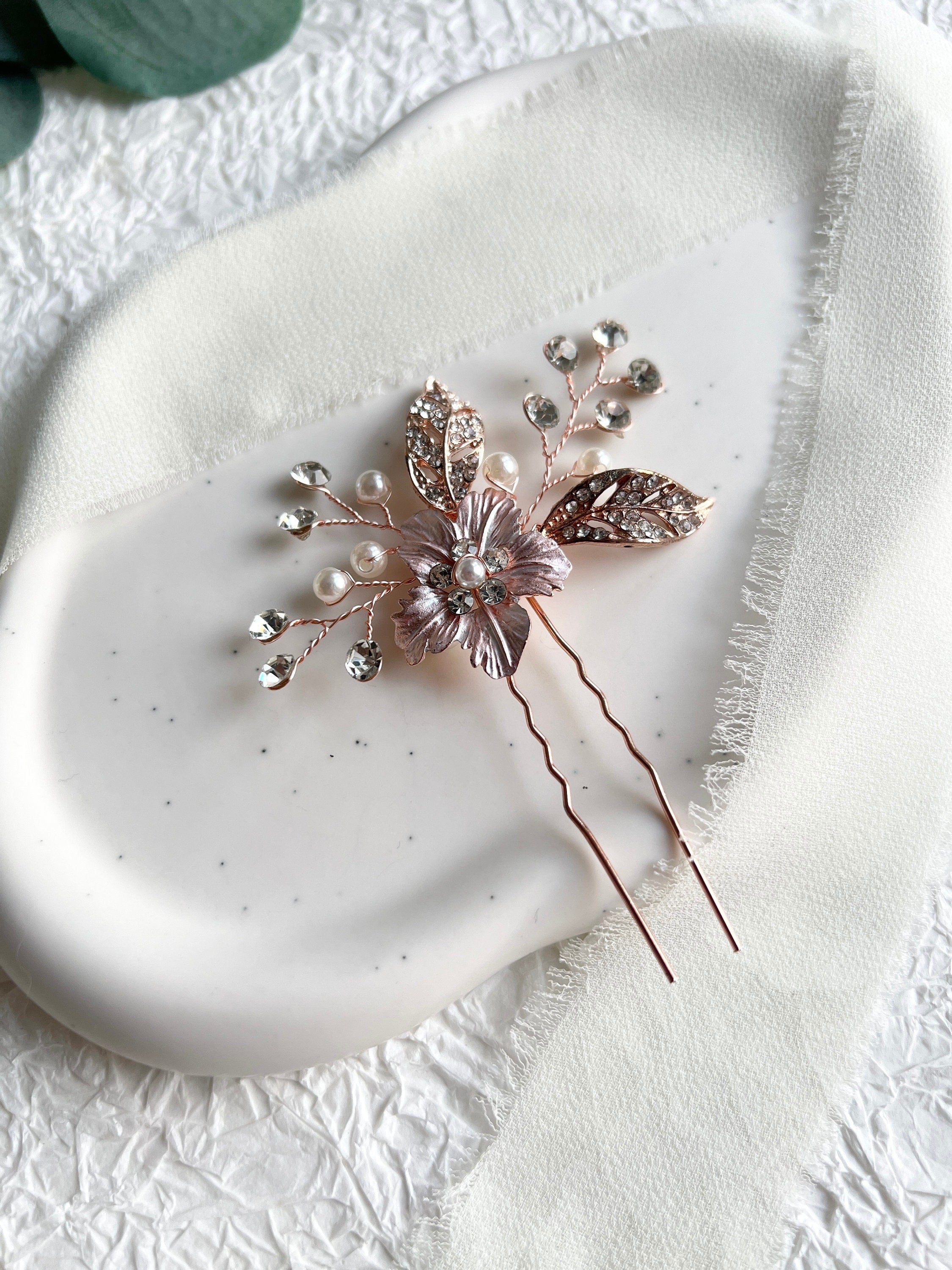 Braut Haarschmuck, Haarkamm Roségold, Perlen, Blume, Strasssteine, Haarspange, Hochzeit,-Brauthaarschmuck-Schmuckblüte