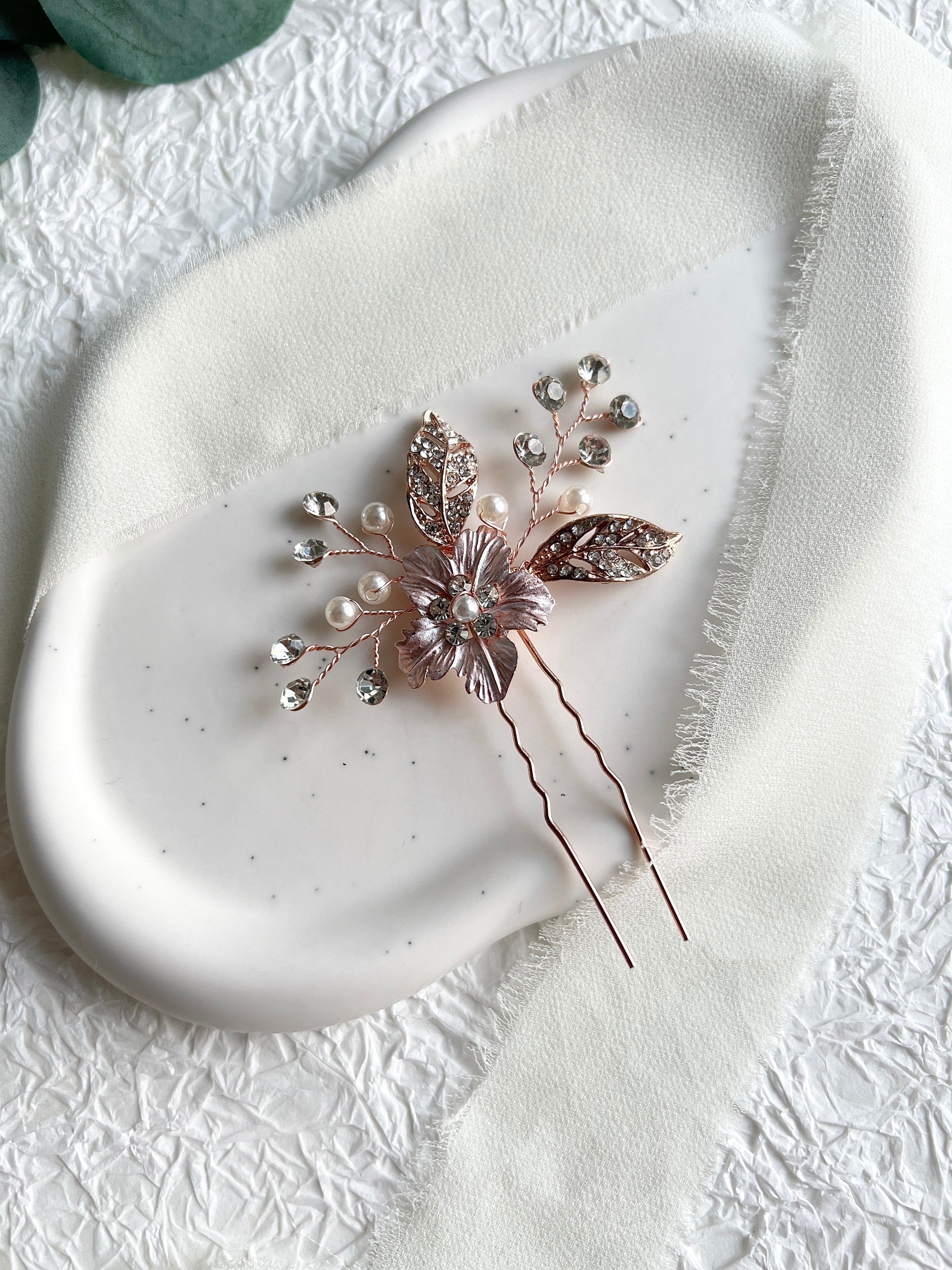 Braut Haarschmuck, Haarkamm Roségold, Perlen, Blume, Strasssteine, Haarspange, Hochzeit,-Brauthaarschmuck-Schmuckblüte