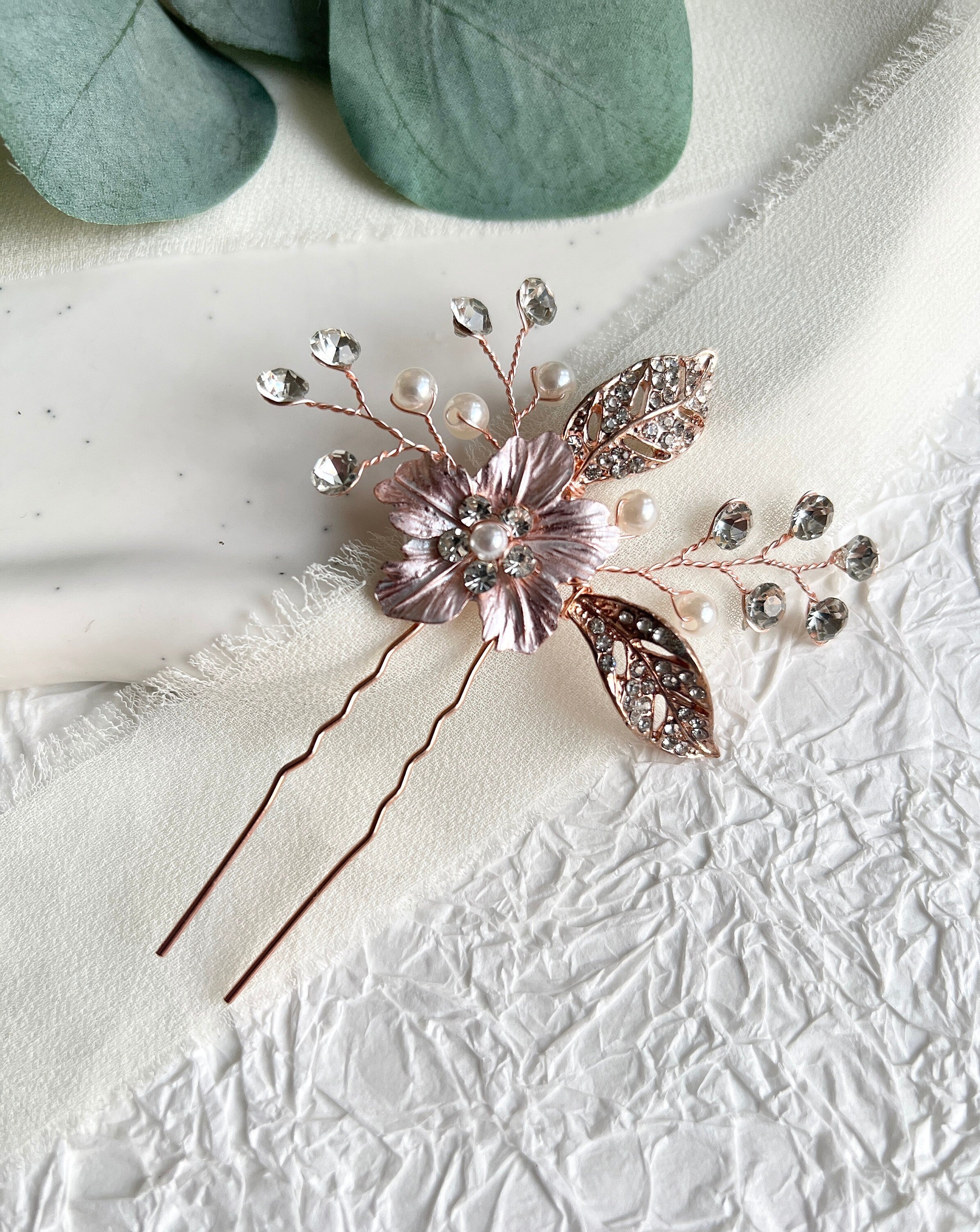 Braut Haarschmuck, Haarkamm Roségold, Perlen, Blume, Strasssteine, Haarspange, Hochzeit,-Brauthaarschmuck-Schmuckblüte