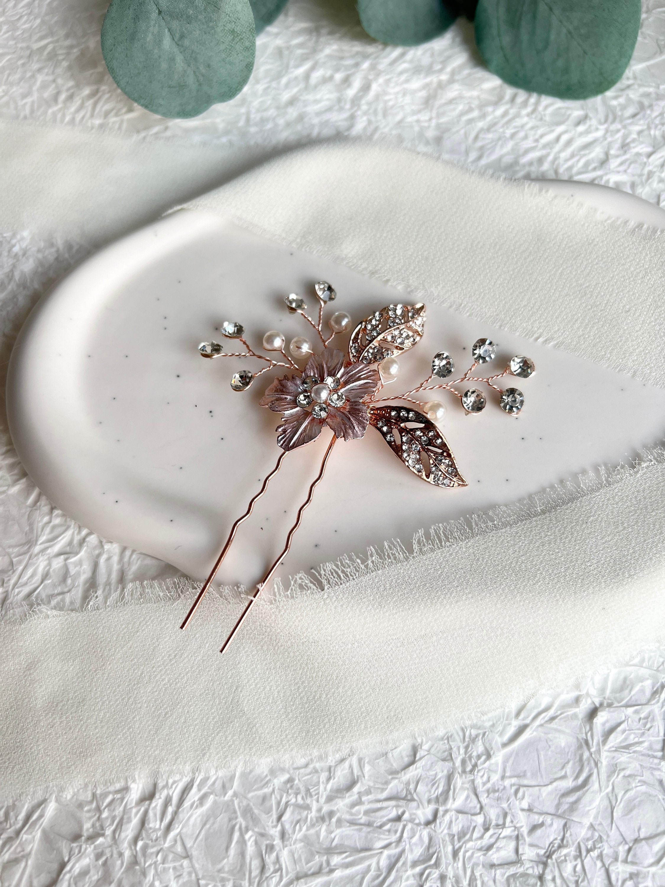 Braut Haarschmuck, Haarkamm Roségold, Perlen, Blume, Strasssteine, Haarspange, Hochzeit,-Brauthaarschmuck-Schmuckblüte