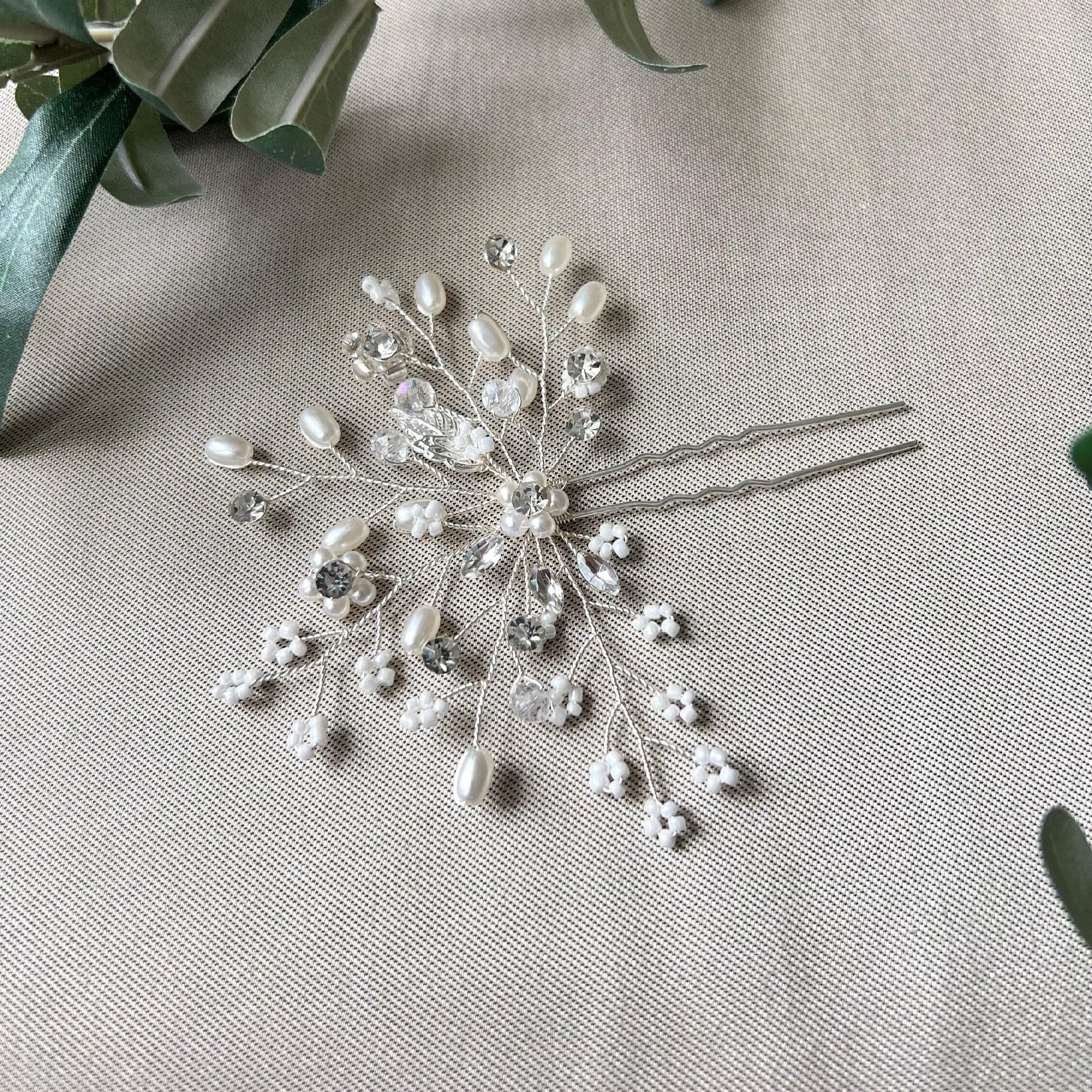 Braut Haarschmuck, Haarkamm Silber, Perlen und Strass, Haarnadel, Hochzeit, Vintage, hochwertiger-Brauthaarschmuck-Schmuckblüte
