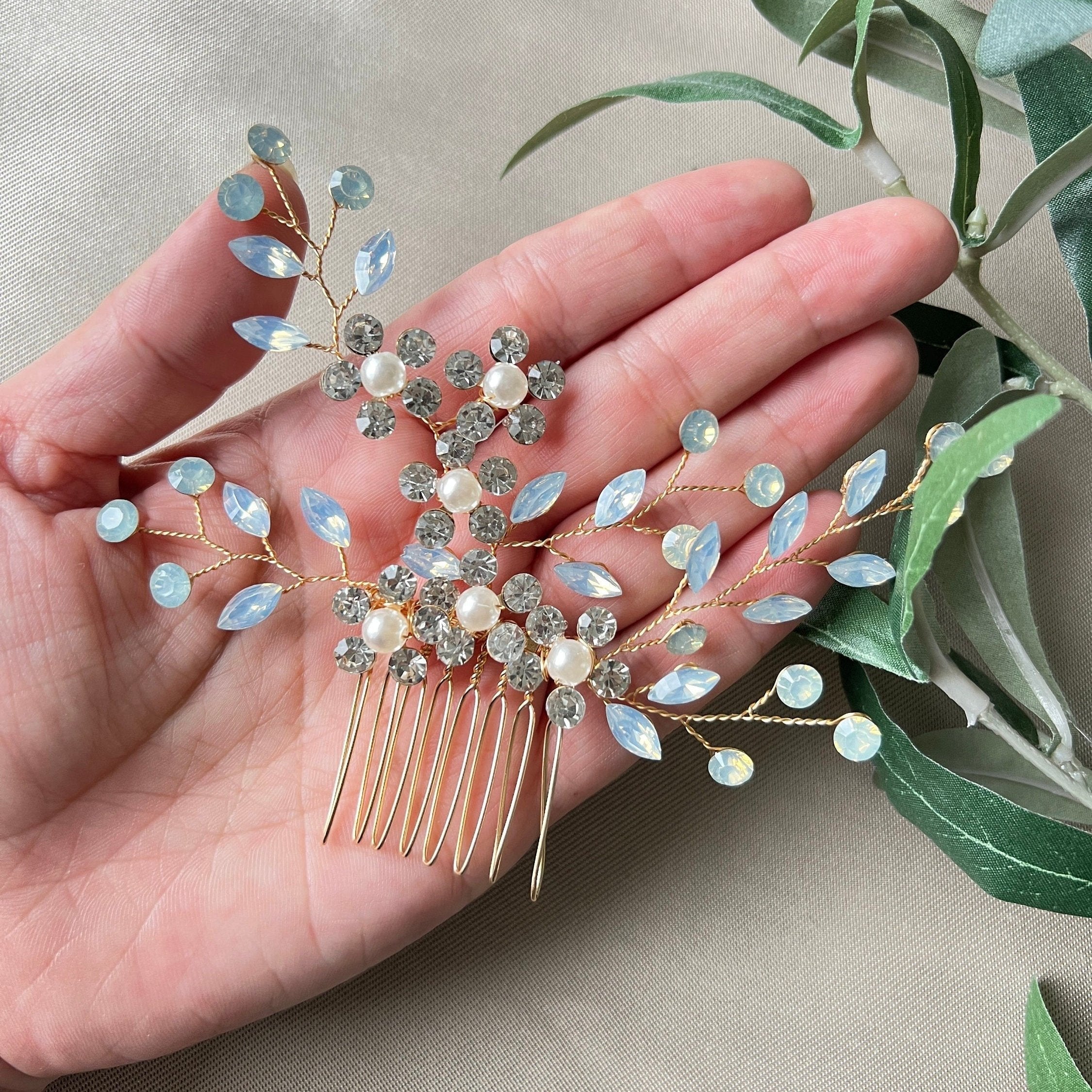 Braut Haarschmuck Haarkamm mit Perlen rotgold durchsichtig bläuliche Strasssteine und Blumen Vintage Hochzeit-Brauthaarschmuck-Schmuckblüte