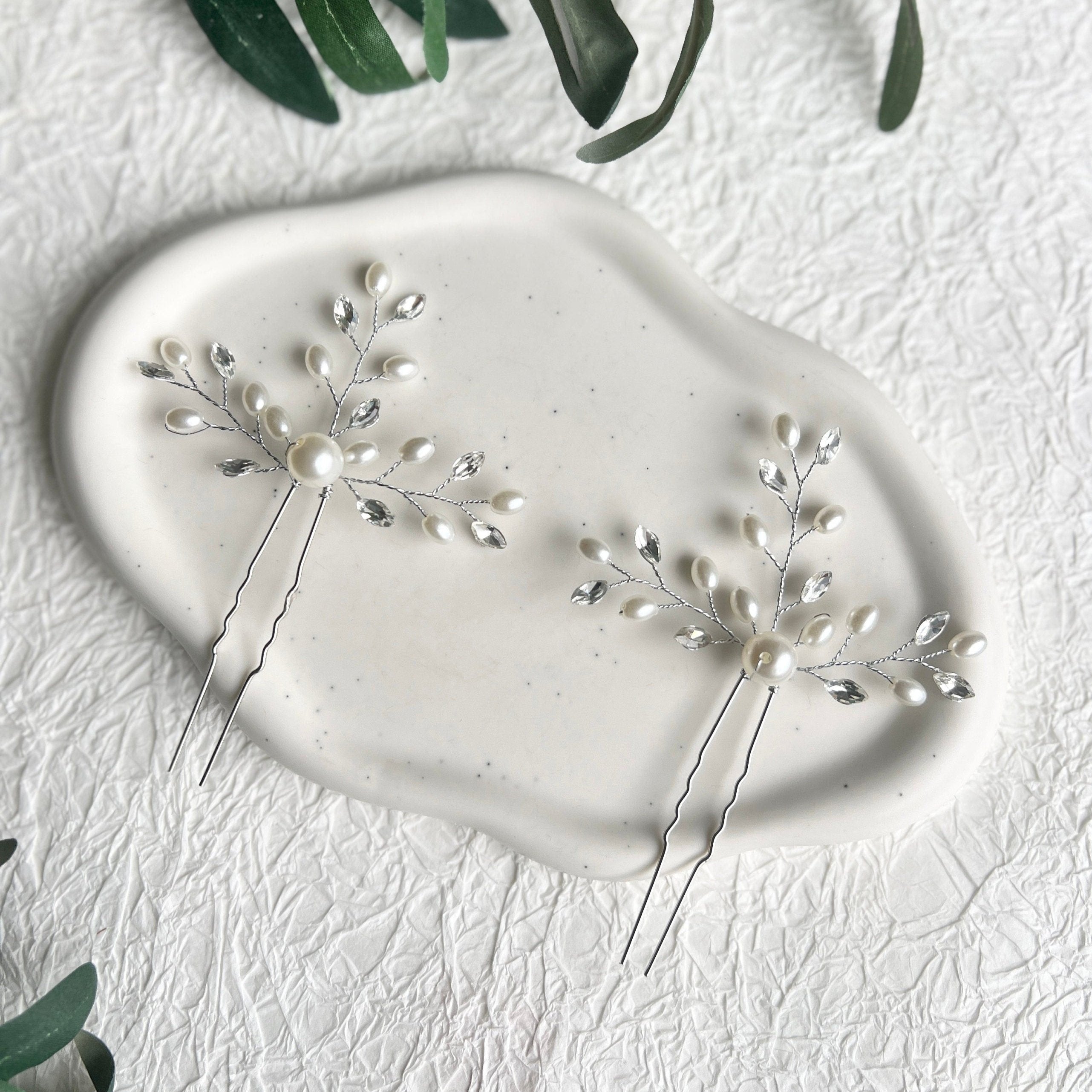 Braut Haarschmuck, Haarspange, Silber, weiße Perlen und Strass, Haarnadeln, Einzeln oder - 2 Stück-Brauthaarschmuck-Schmuckblüte