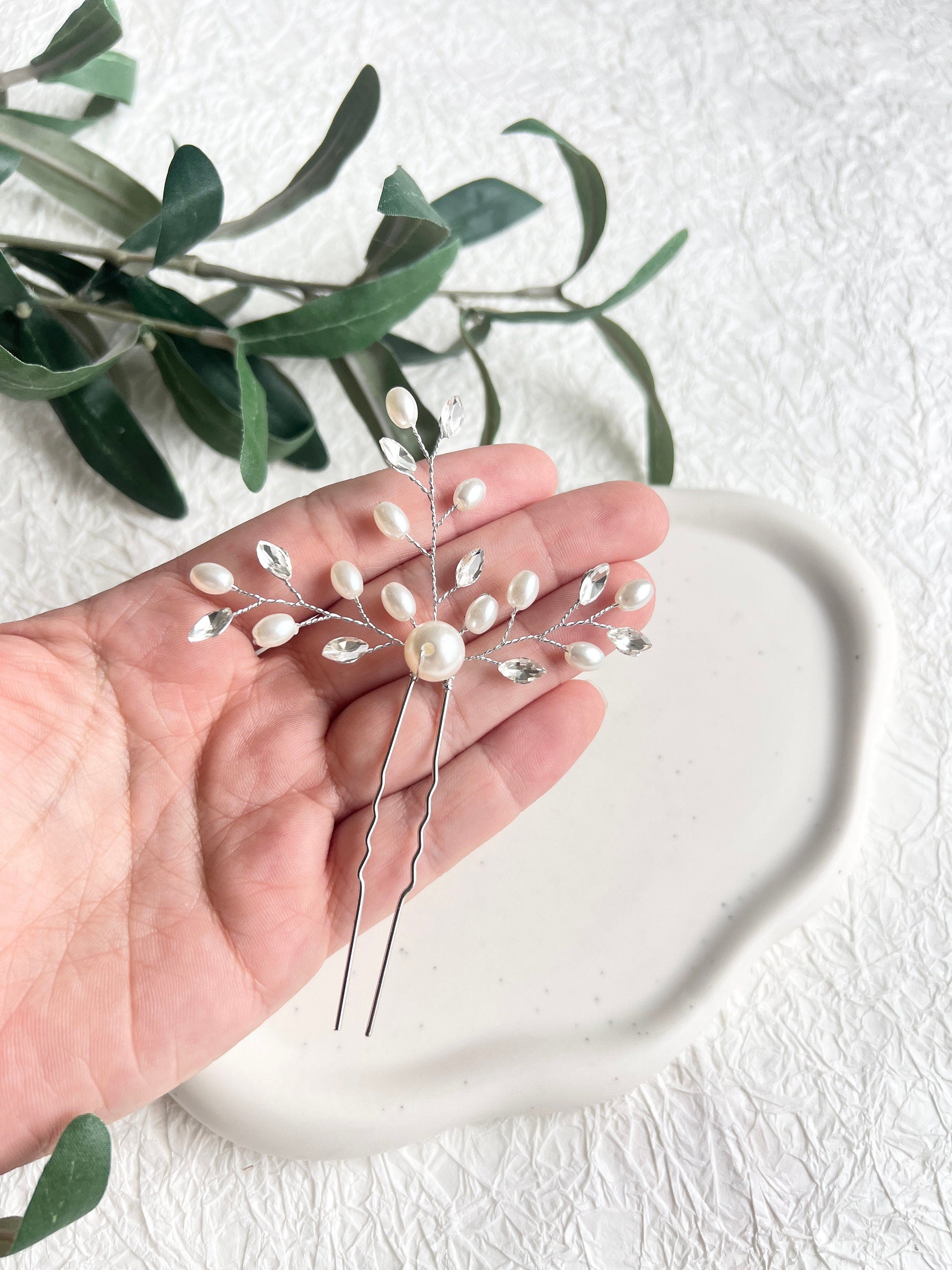 Braut Haarschmuck, Haarspange, Silber, weiße Perlen und Strass, Haarnadeln, Einzeln oder - Einzeln-Brauthaarschmuck-Schmuckblüte