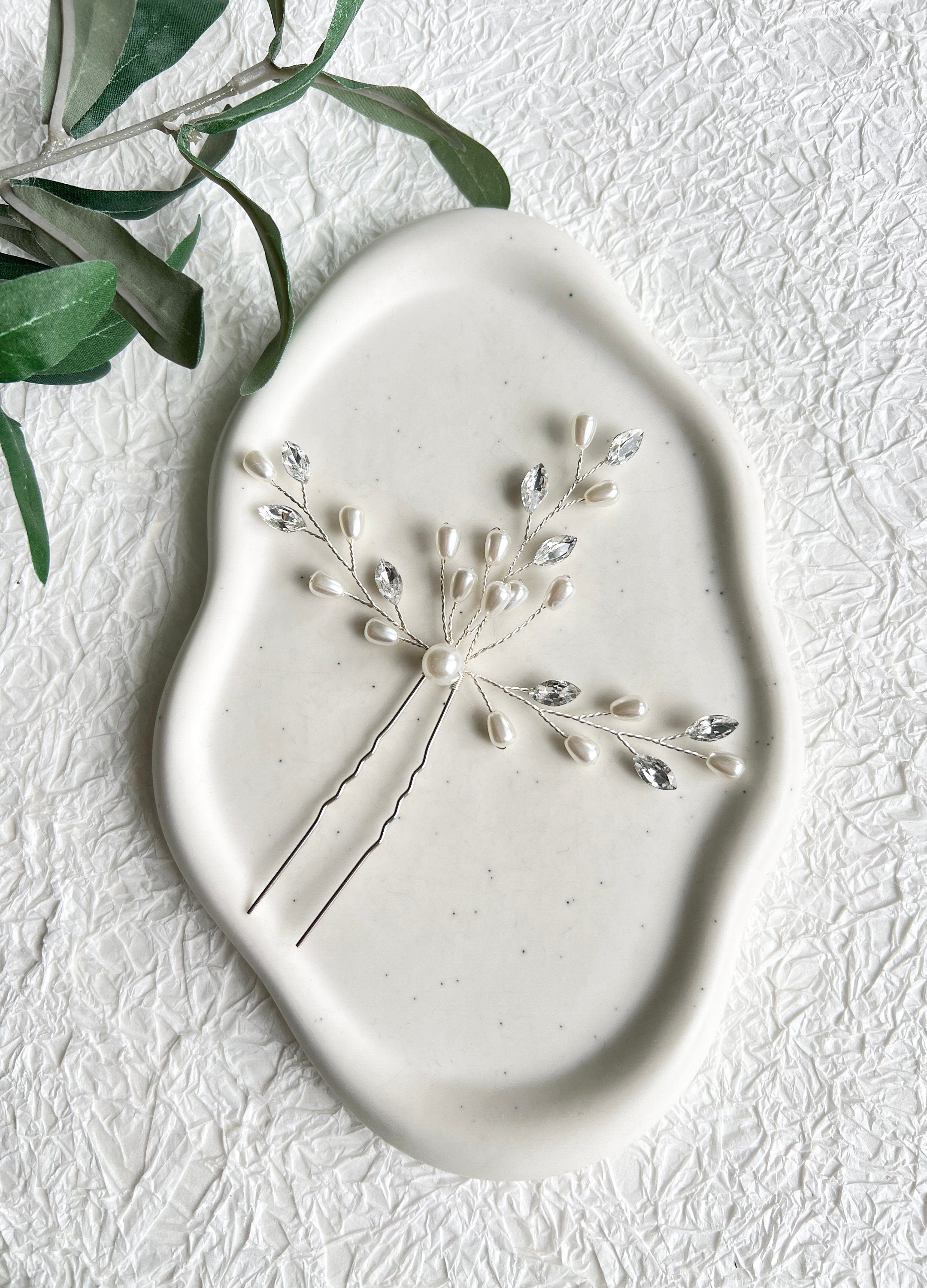 Braut Haarschmuck, Haarspange, Silber, weiße Perlen und Strass Steine, Haarnadeln, Brautschmuck,-Brauthaarschmuck-Schmuckblüte