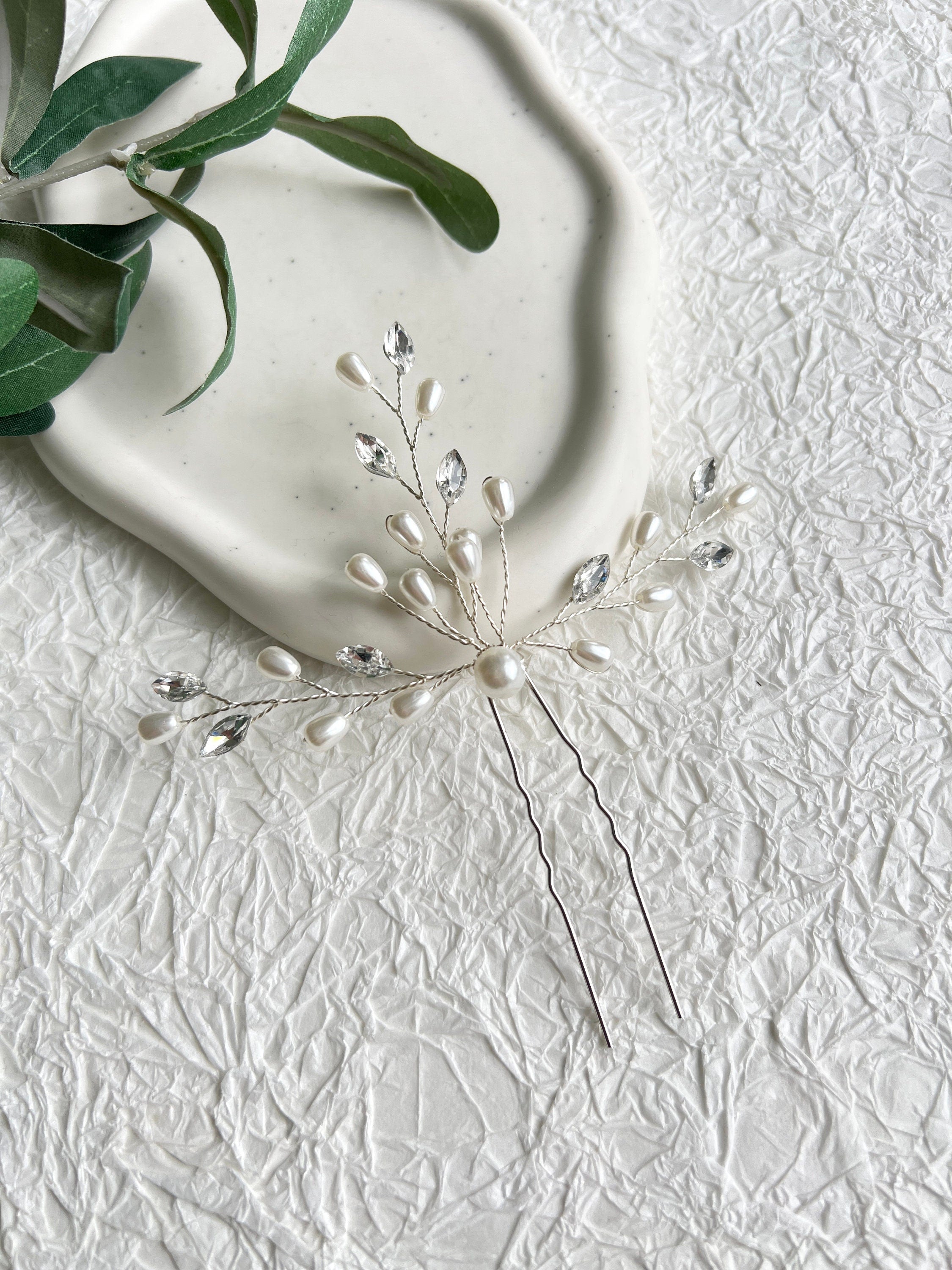 Braut Haarschmuck, Haarspange, Silber, weiße Perlen und Strass Steine, Haarnadeln, Brautschmuck,-Brauthaarschmuck-Schmuckblüte