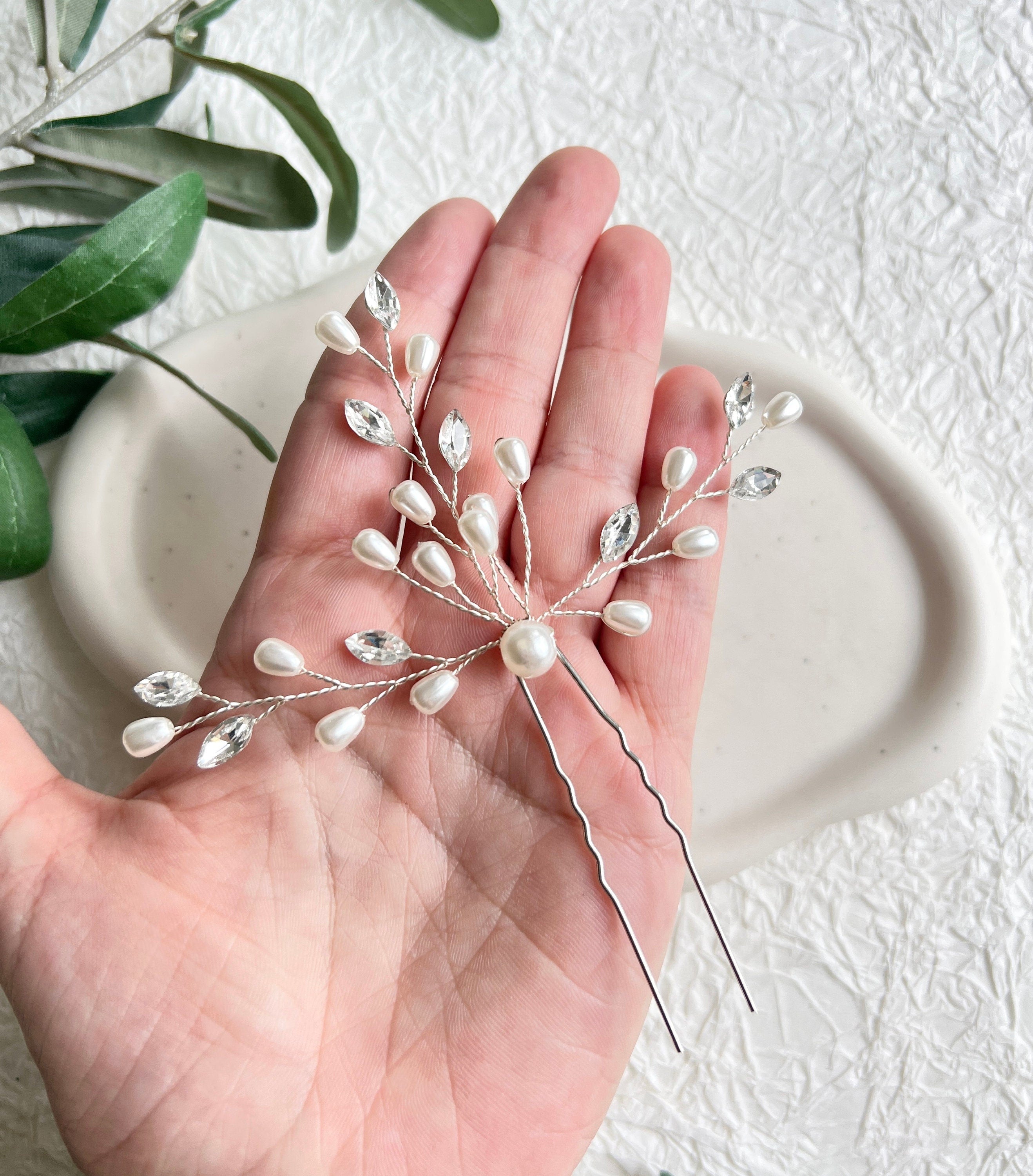 Braut Haarschmuck, Haarspange, Silber, weiße Perlen und Strass Steine, Haarnadeln, Brautschmuck,-Brauthaarschmuck-Schmuckblüte