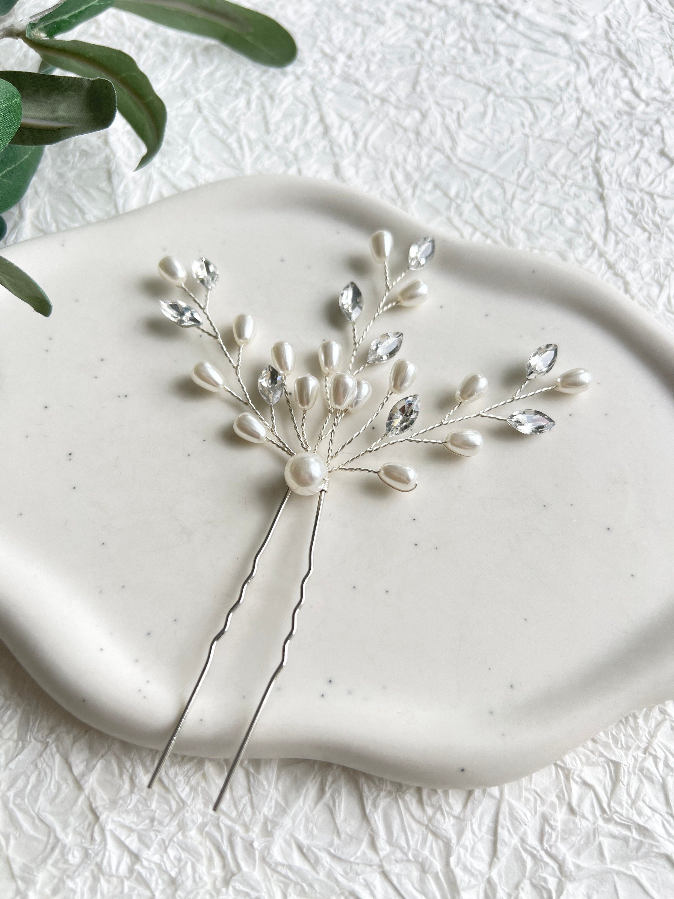 Braut Haarschmuck, Haarspange, Silber, weiße Perlen und Strass Steine, Haarnadeln, Brautschmuck,-Brauthaarschmuck-Schmuckblüte