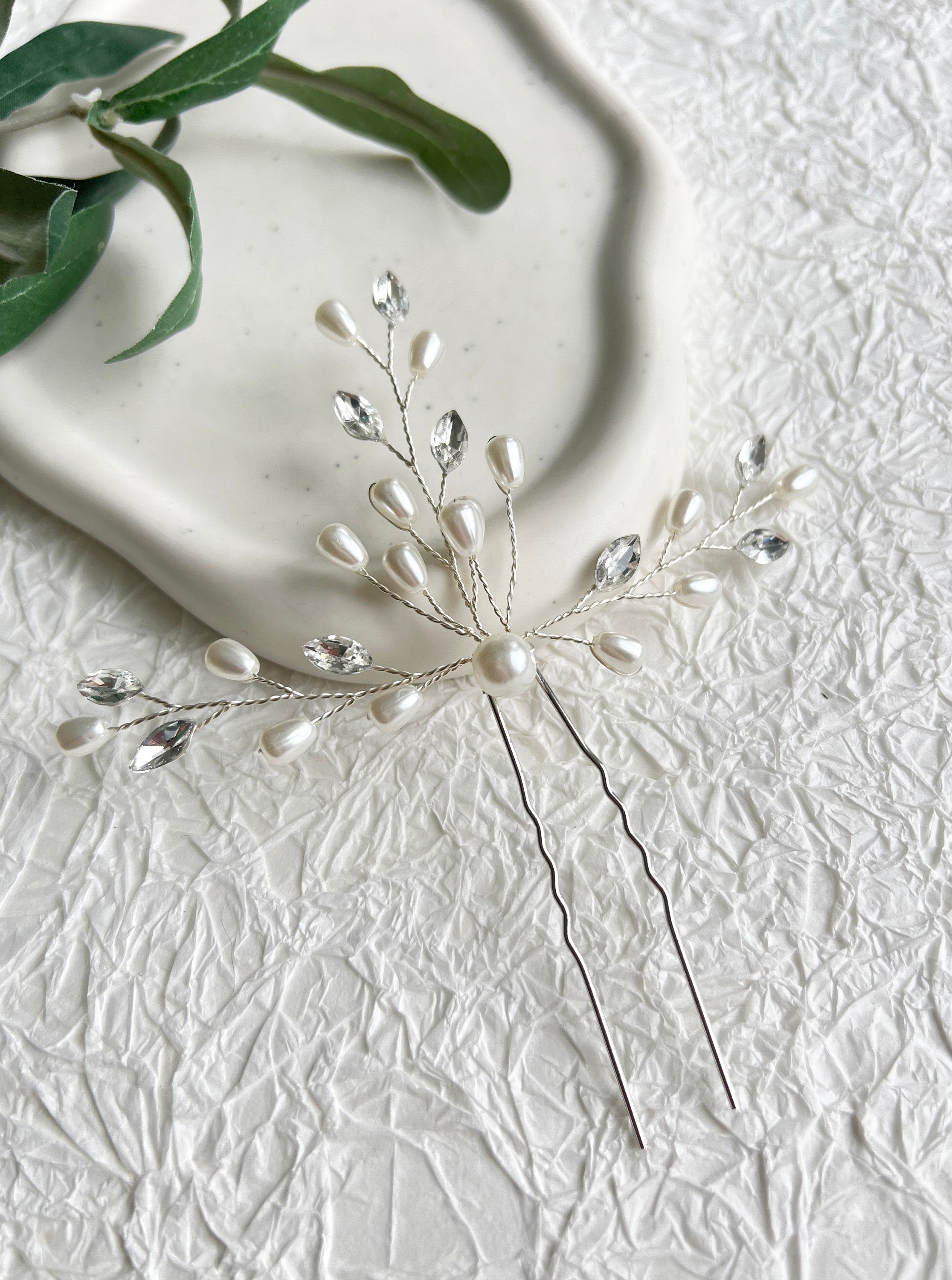 Braut Haarschmuck, Haarspange, Silber, weiße Perlen und Strass Steine, Haarnadeln, Brautschmuck,-Brauthaarschmuck-Schmuckblüte