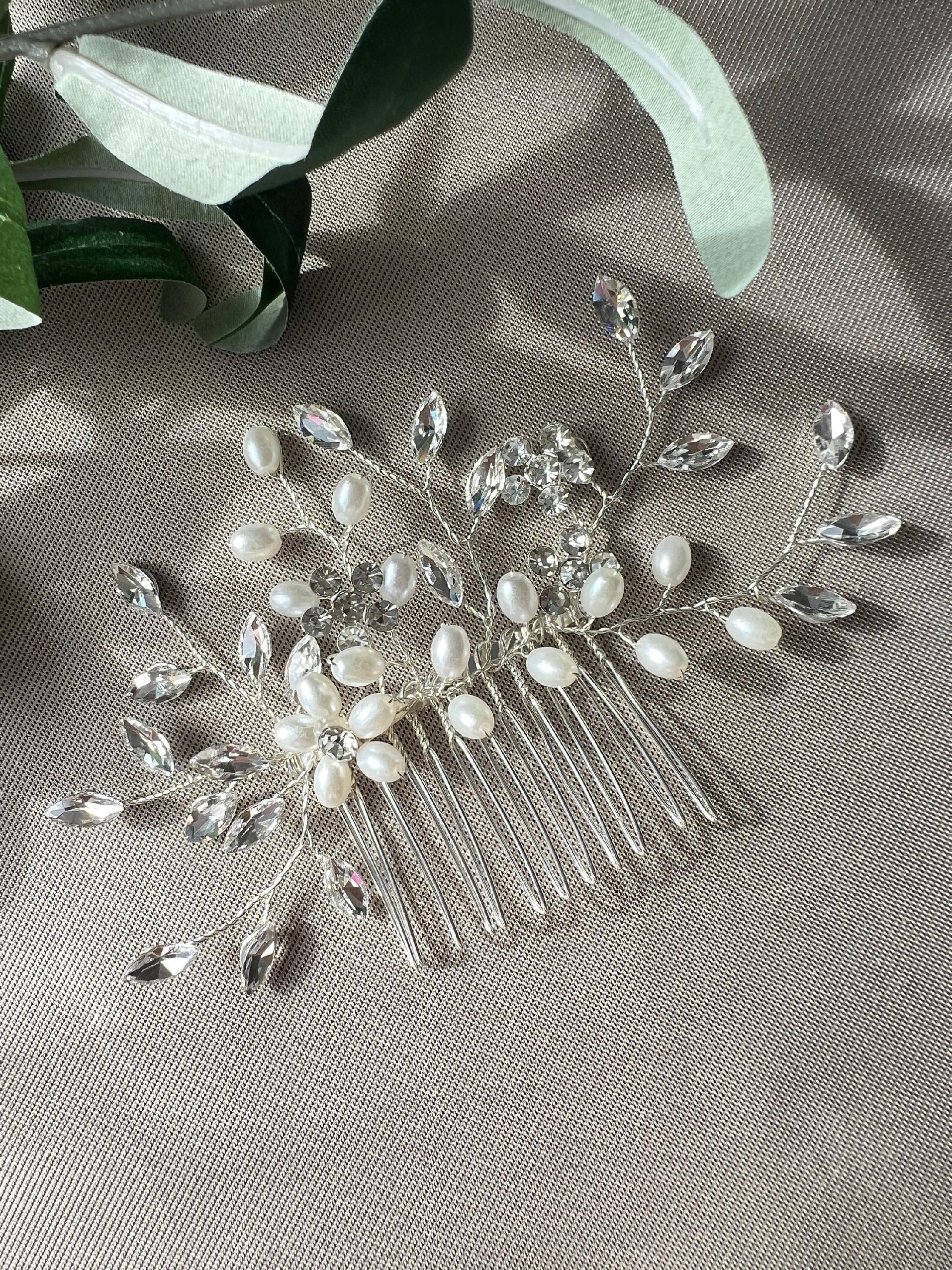 Braut Haarschmuck Perlen Haarkamm Brauthaarschmuck Silber Haarkamm Hochzeit hochwertiger Brauthaarschmuck - Silber-Brauthaarschmuck-Schmuckblüte