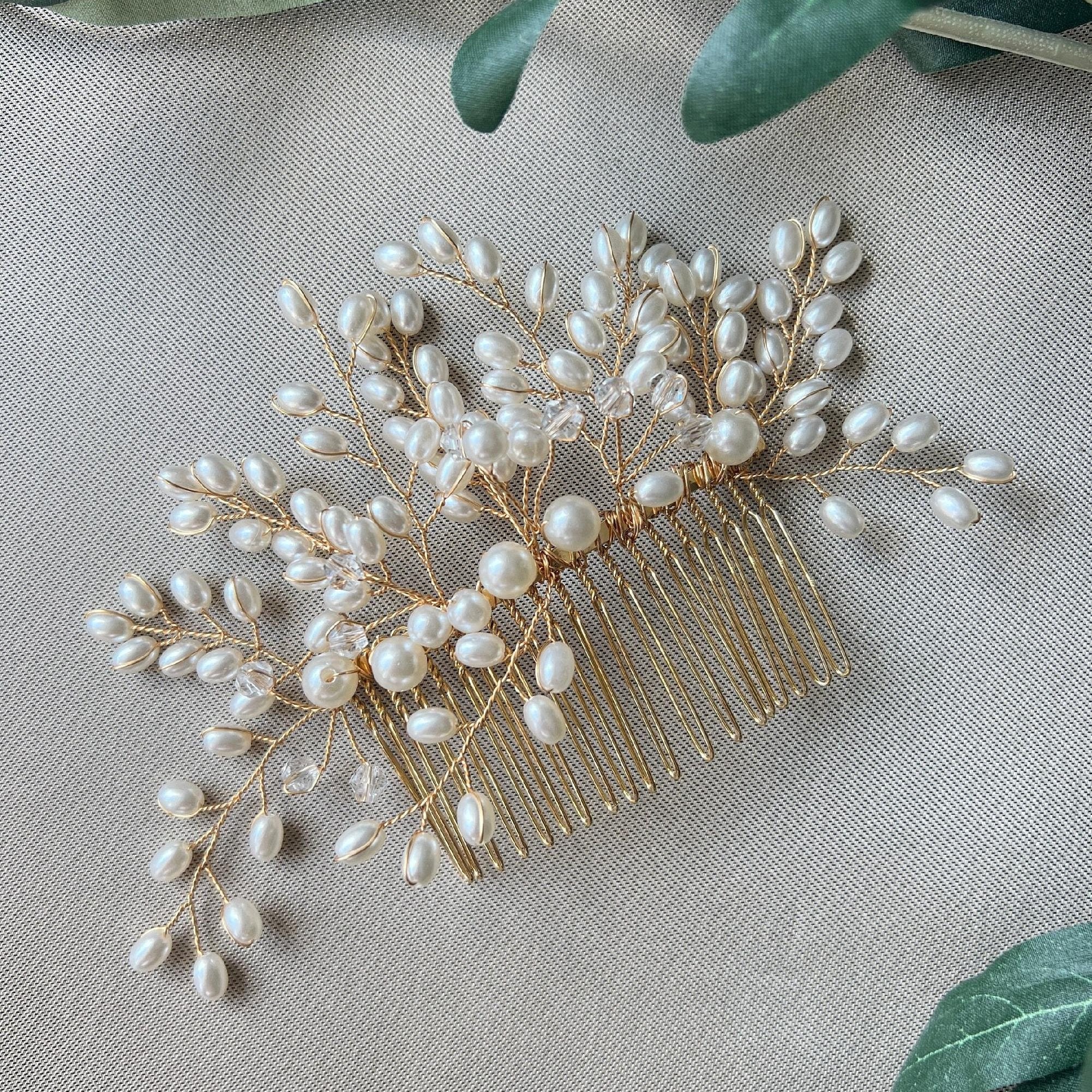 Braut Haarschmuck, Perlen Haarkamm, gold, Hochzeit, hochwertiger Brauthaarschmuck, Brautfrisur, Kopfschmuck-Brauthaarschmuck-Schmuckblüte