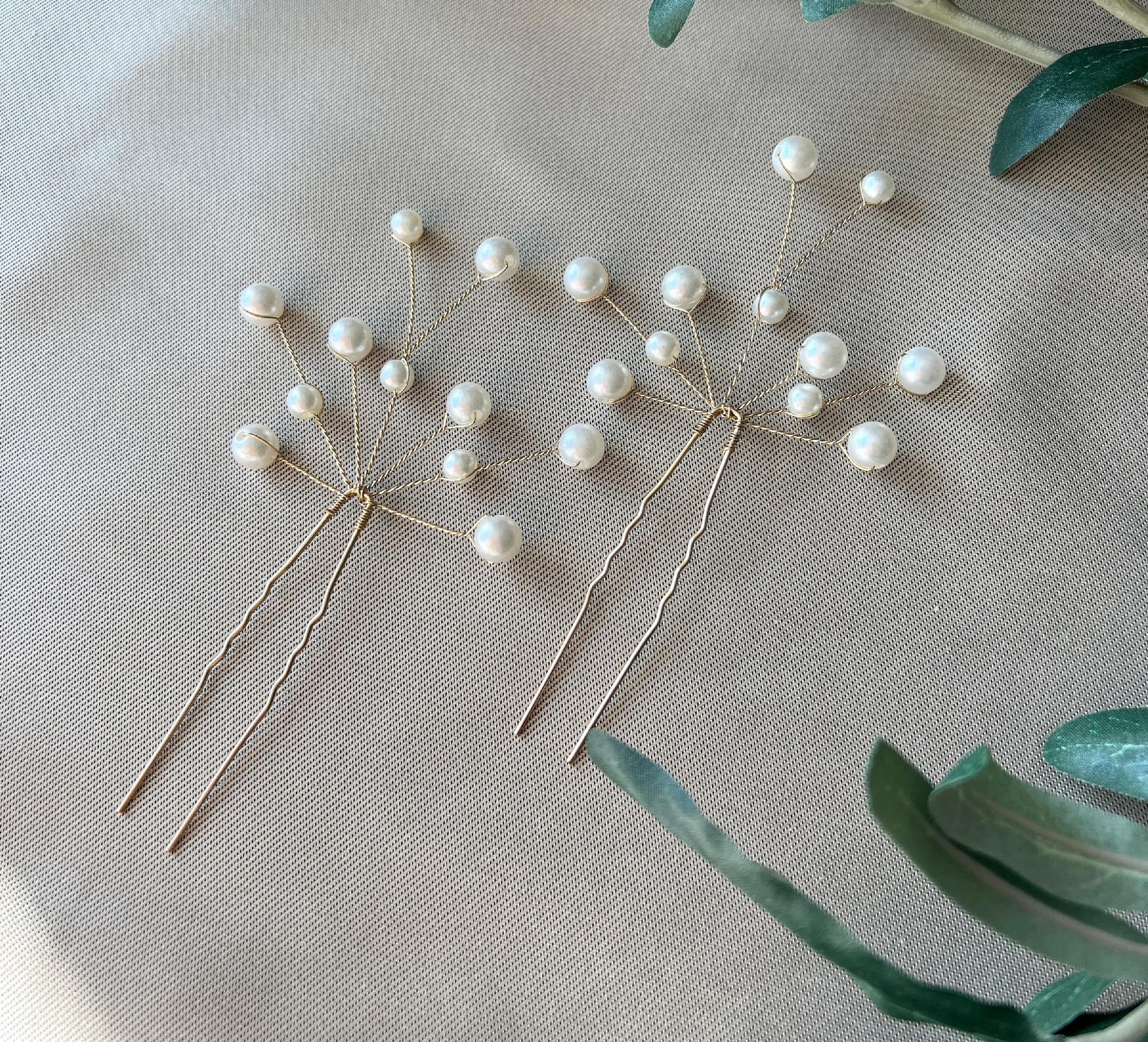 Braut Haarschmuck Set 2 Stück Haarspange Gold mit weißen Perlen Haarklammer Haarnadeln Brautschmuck Hochzeitsschmuck Brautjungfer Hochzeit-Brauthaarschmuck-Schmuckblüte