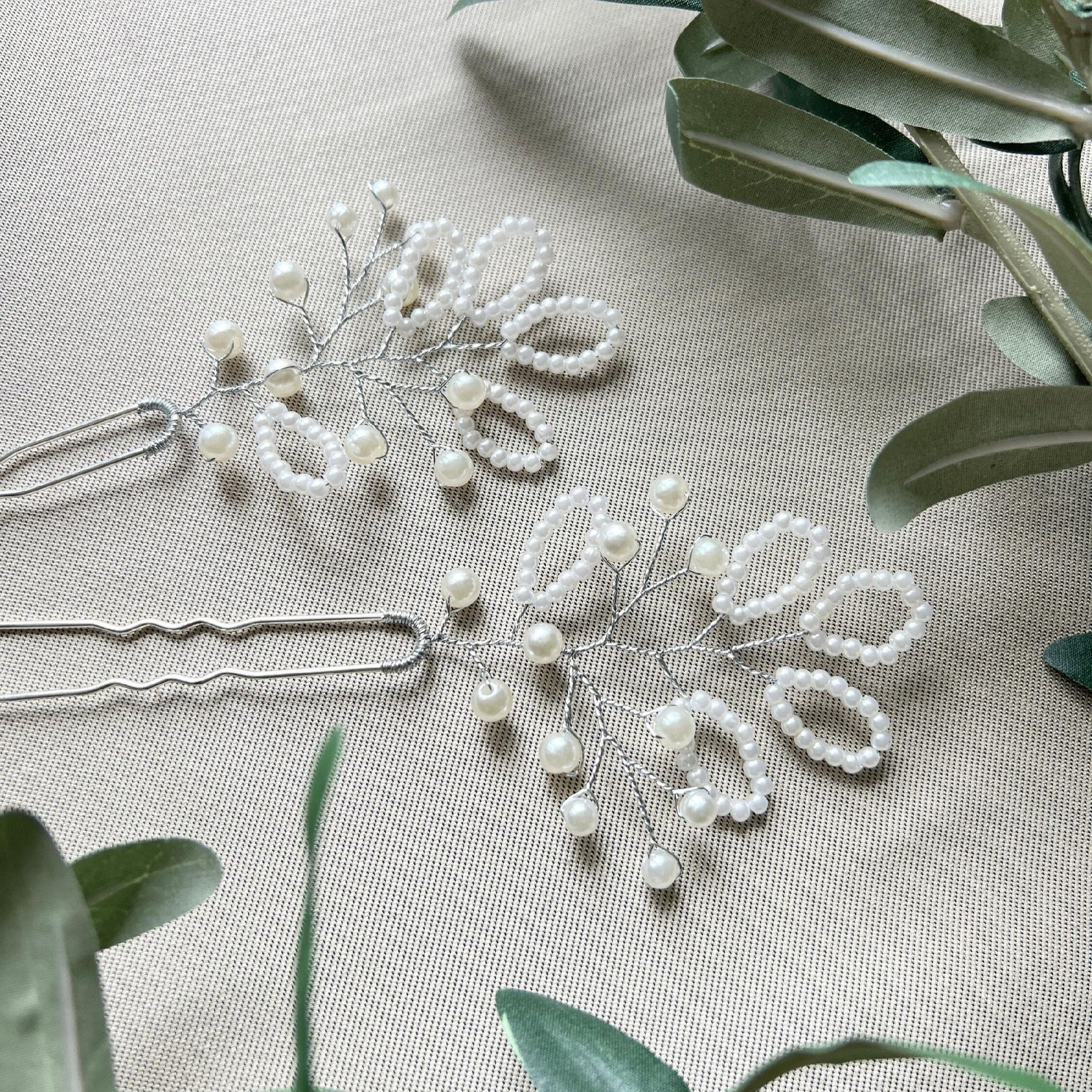Braut Haarschmuck Set 2 Stück Haarspange Silber mit weißen Perlen Haarnadeln Brautschmuck-Brauthaarschmuck-Schmuckblüte