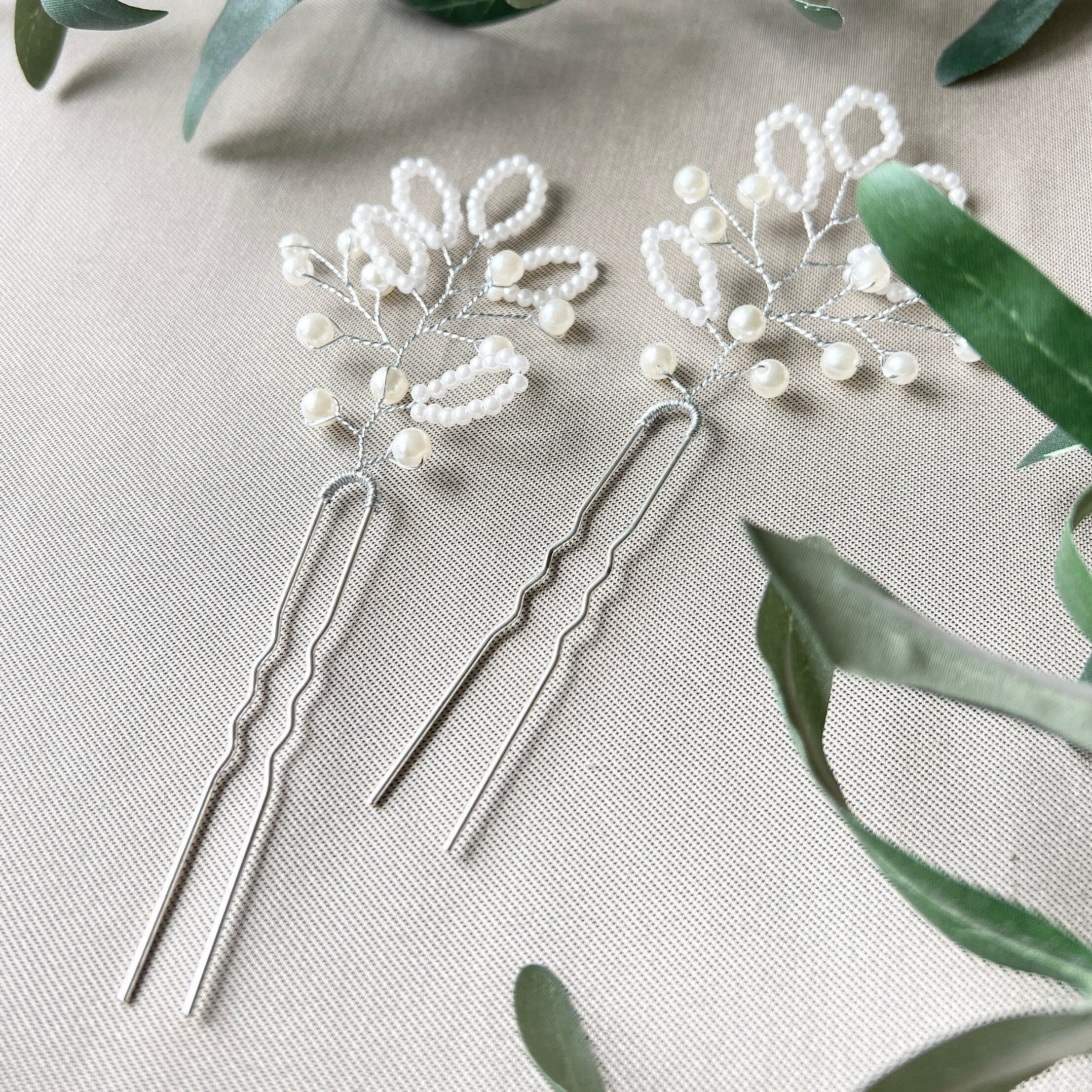 Braut Haarschmuck Set 2 Stück Haarspange Silber mit weißen Perlen Haarnadeln Brautschmuck-Brauthaarschmuck-Schmuckblüte